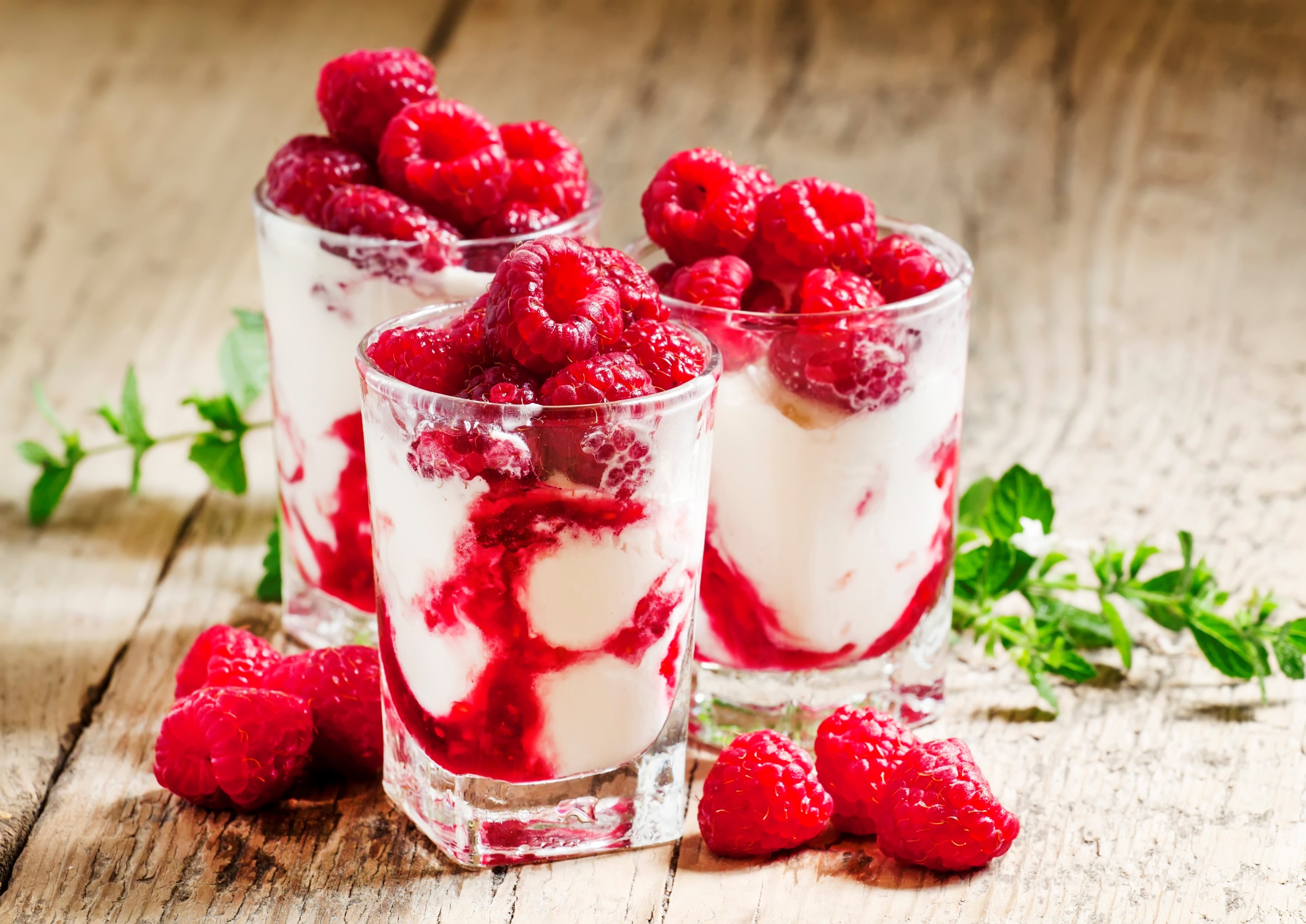 Dessert with raspberries and cream in glasses HD Wallpaper