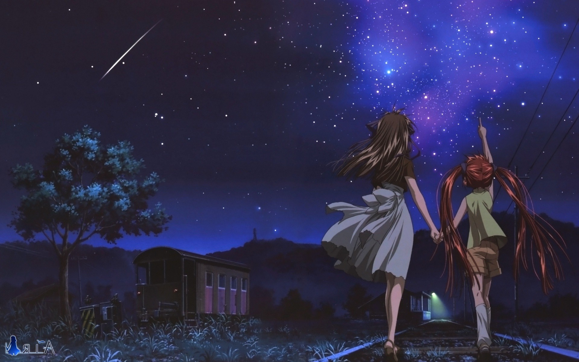 Anime girls watching shooting star and starry sky HD Wallpaper