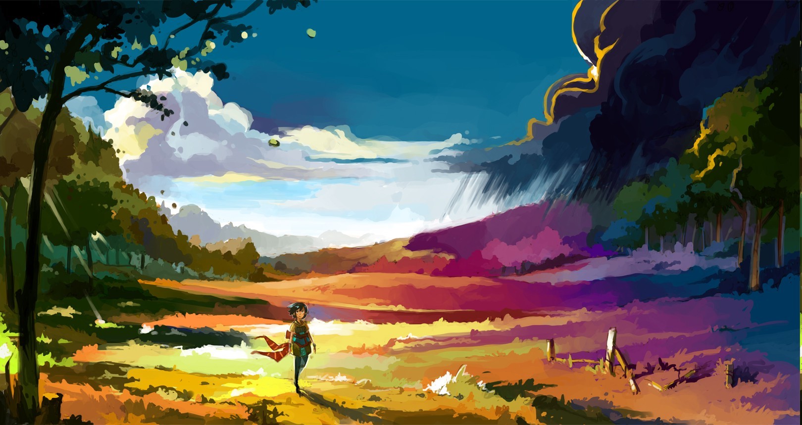Anime landscape with colorful sky and trees HD Wallpaper