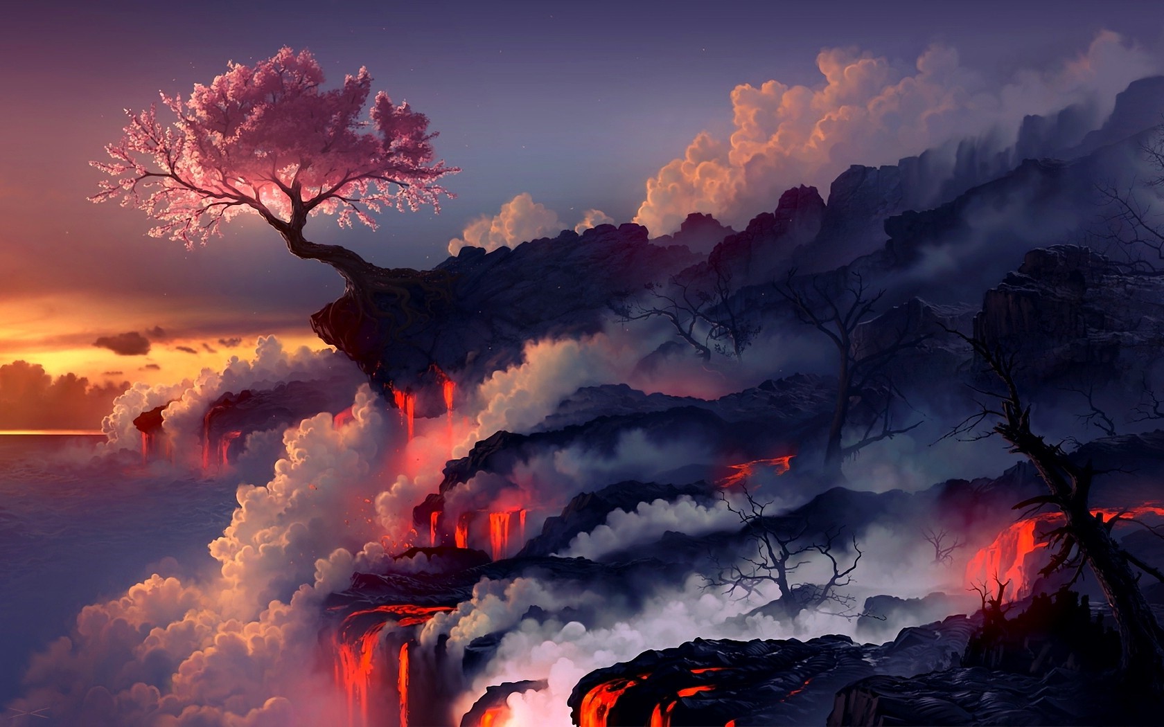 Fantasy landscape with cherry blossom tree and lava HD Wallpaper