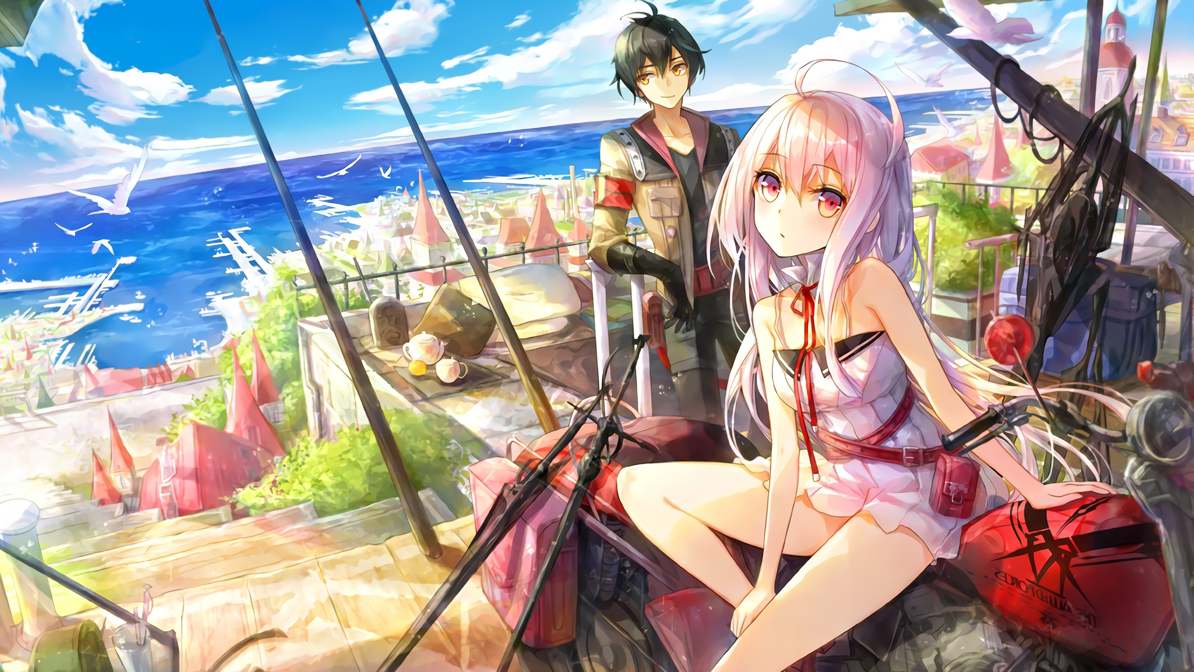 Anime couple on a ship overlooking a coastal city HD Wallpaper