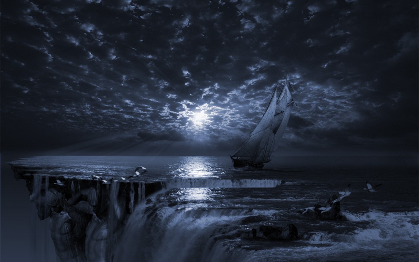 Sailboat on a surreal waterfall cliff under moonlight HD Wallpaper