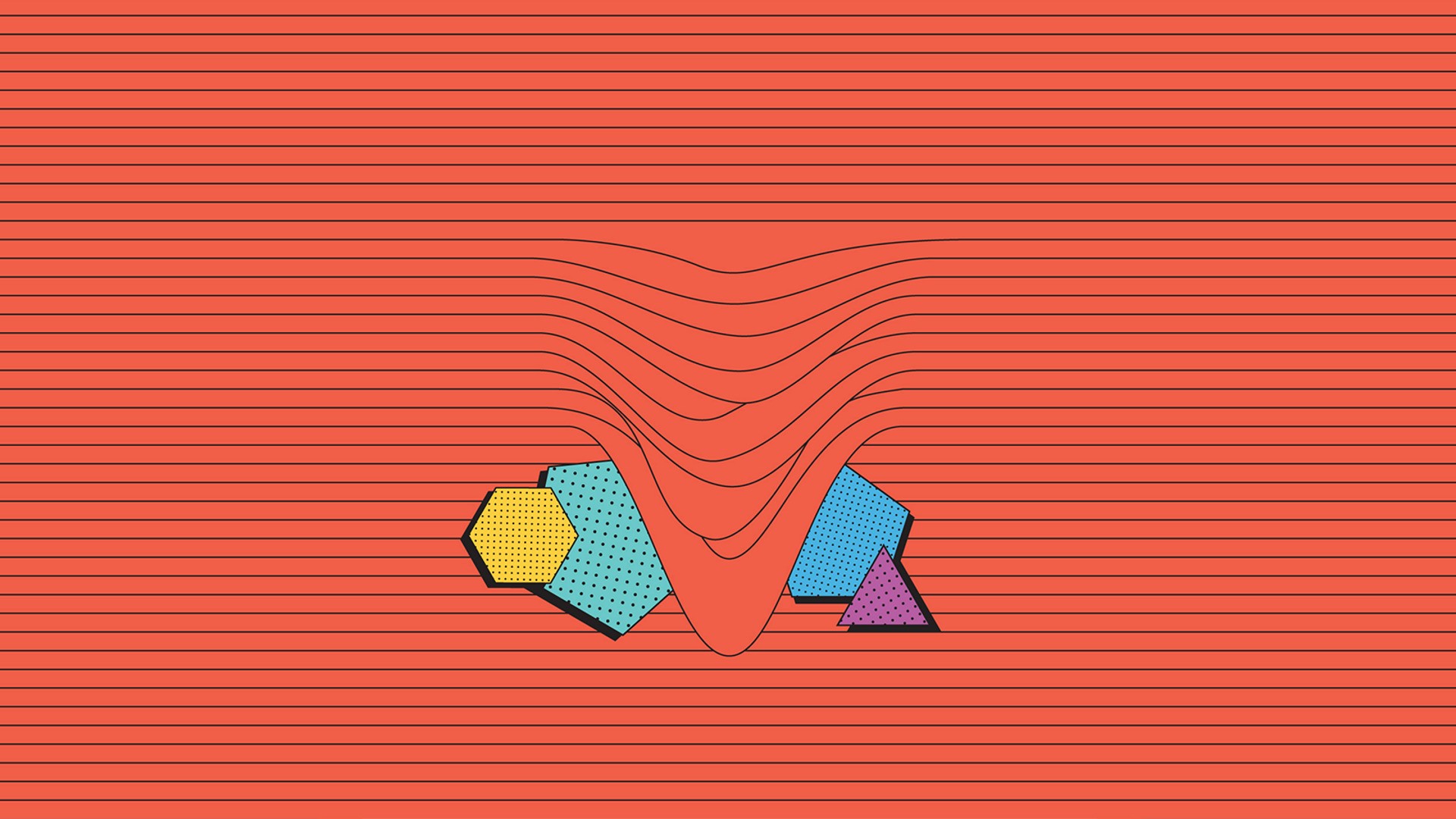 Abstract geometric shapes on red background with wavy lines HD Wallpaper