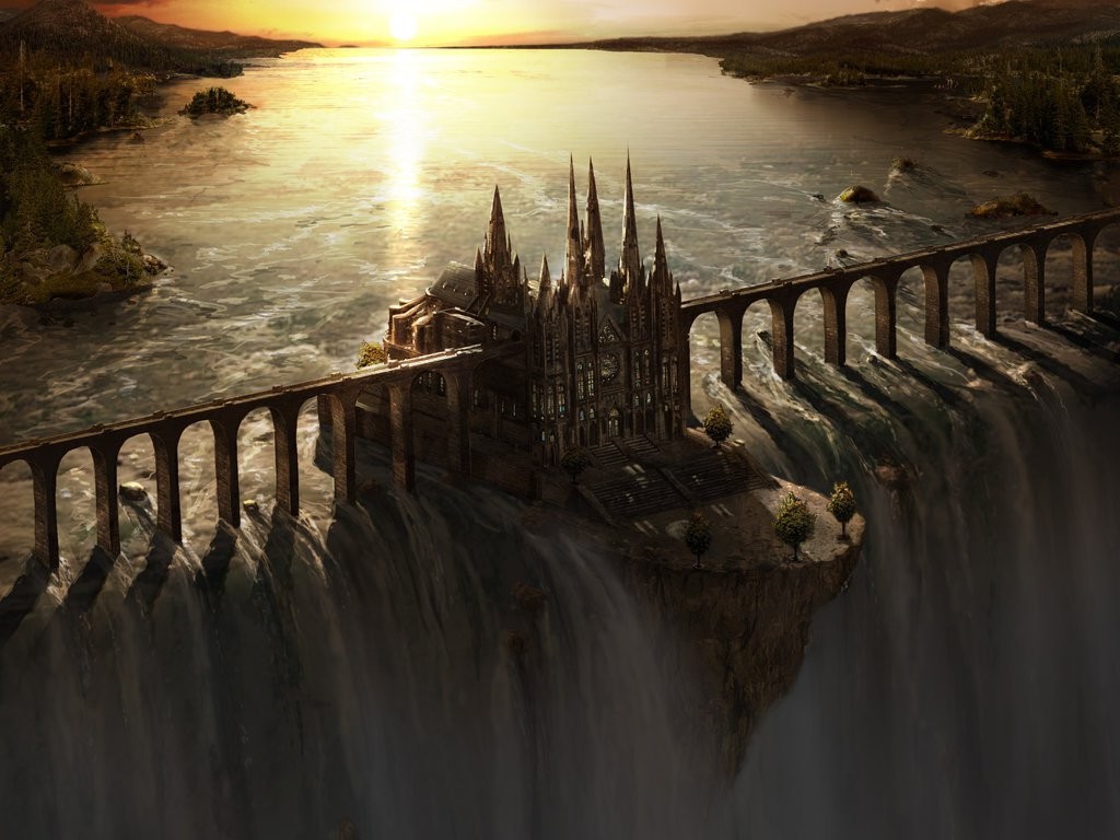 Fantasy castle on a cliff with waterfalls and a bridge at sunset HD Wallpaper