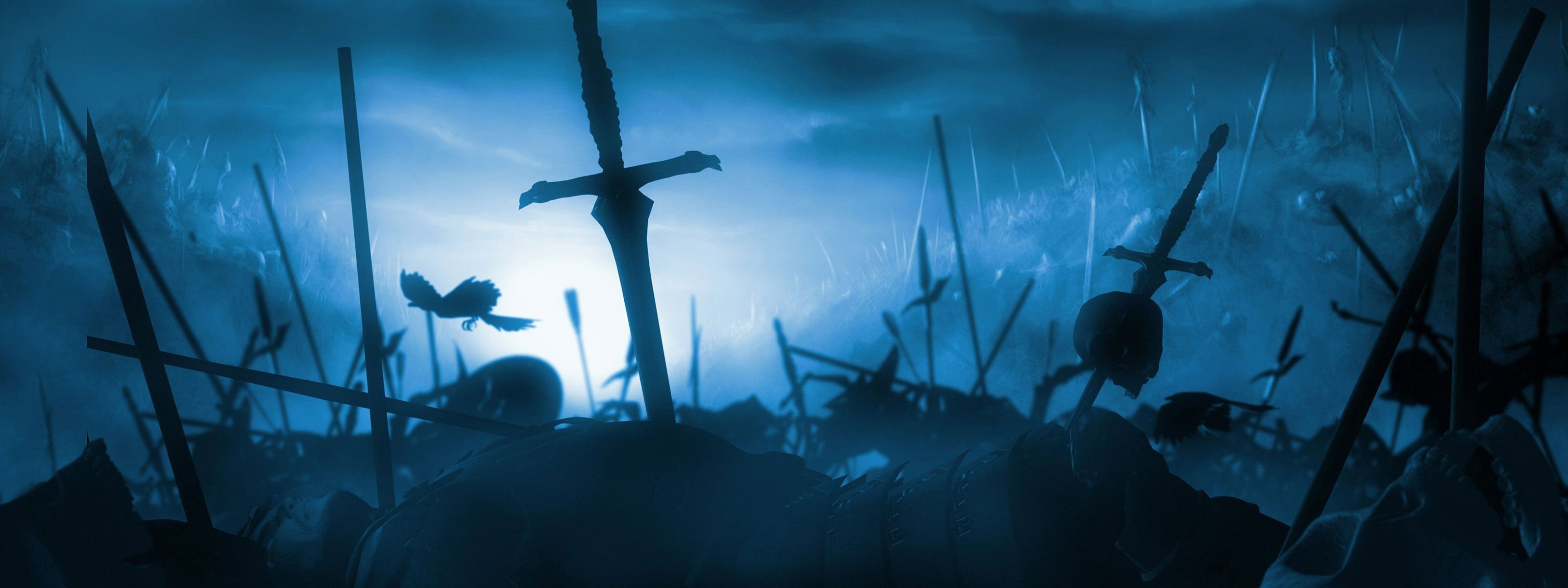 Fantasy battleground with swords and a bird HD Wallpaper