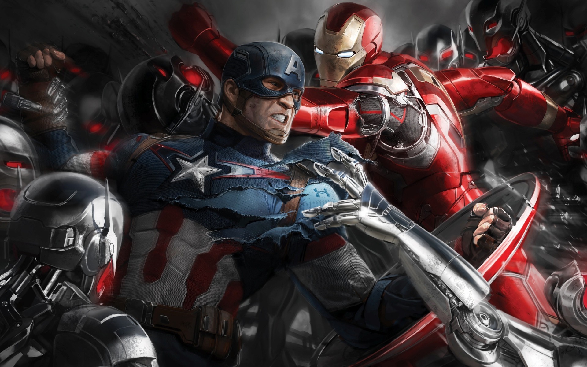Captain America and Iron Man fighting Ultron bots HD Wallpaper