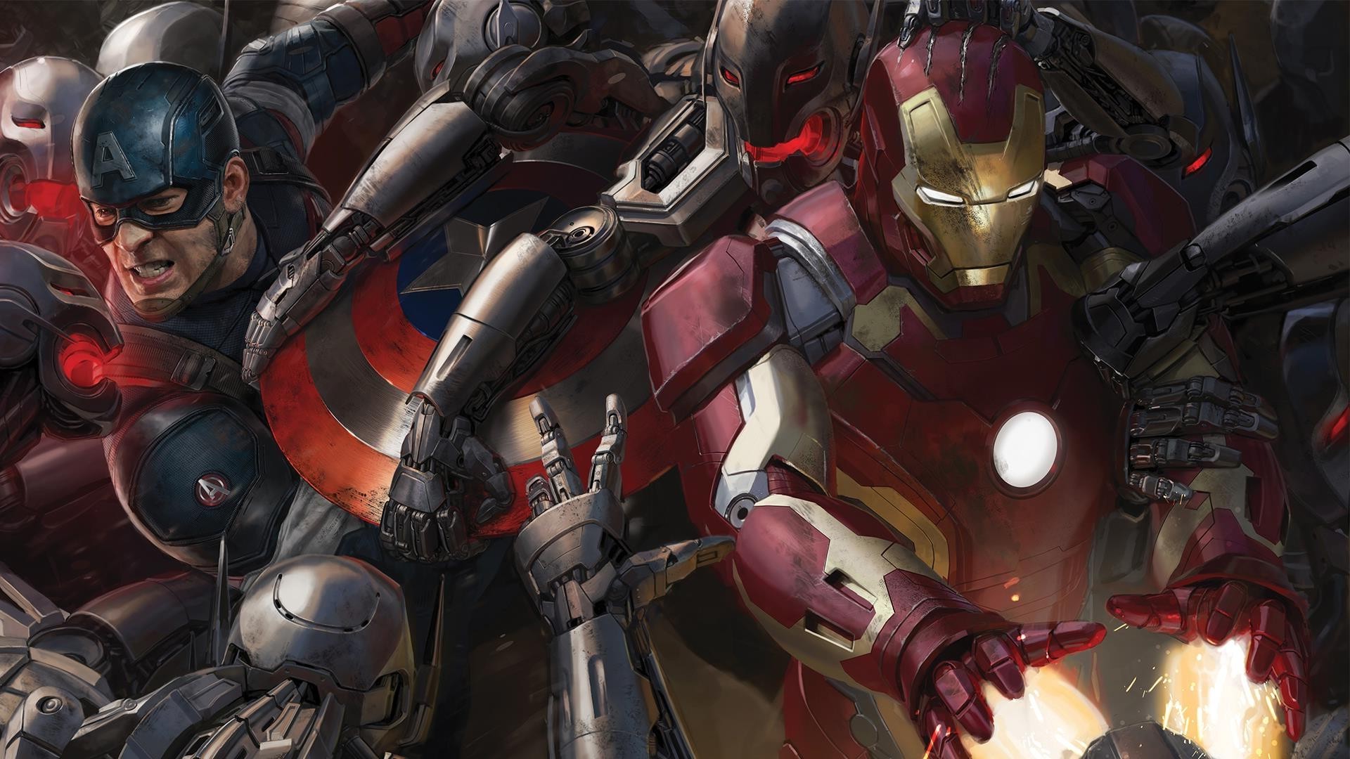Captain America and Iron Man fighting Ultron bots from Marvel Comics HD Wallpaper