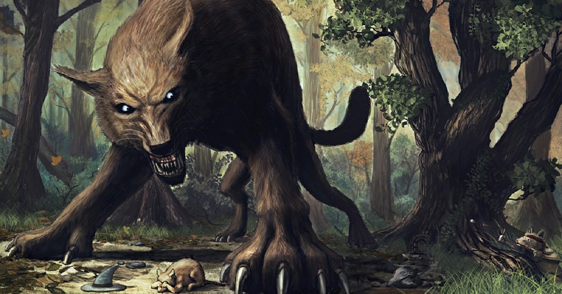 Scary wolf creature in a dark forest with small animals HD Wallpaper