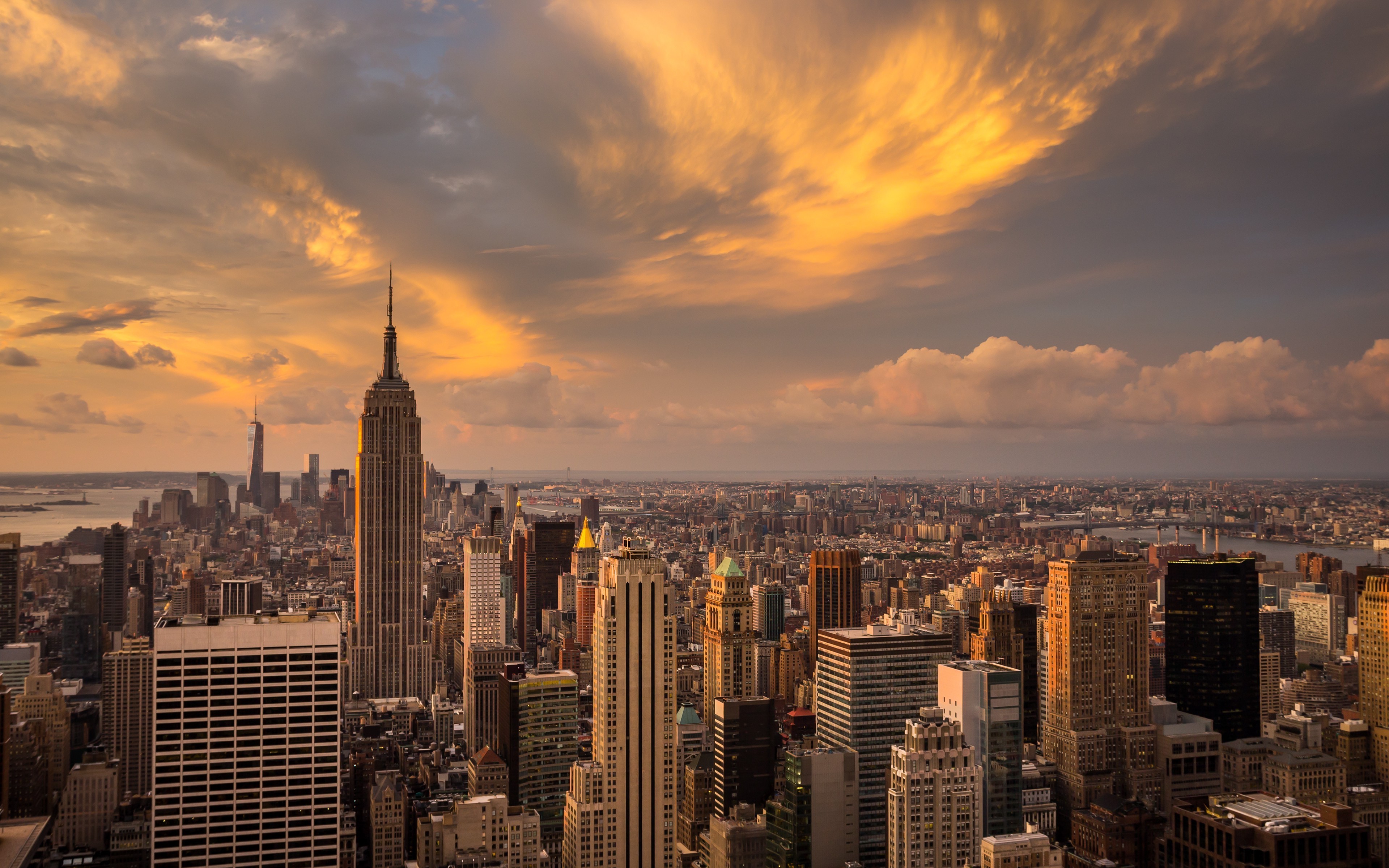 New York City skyline at sunset HD Wallpaper