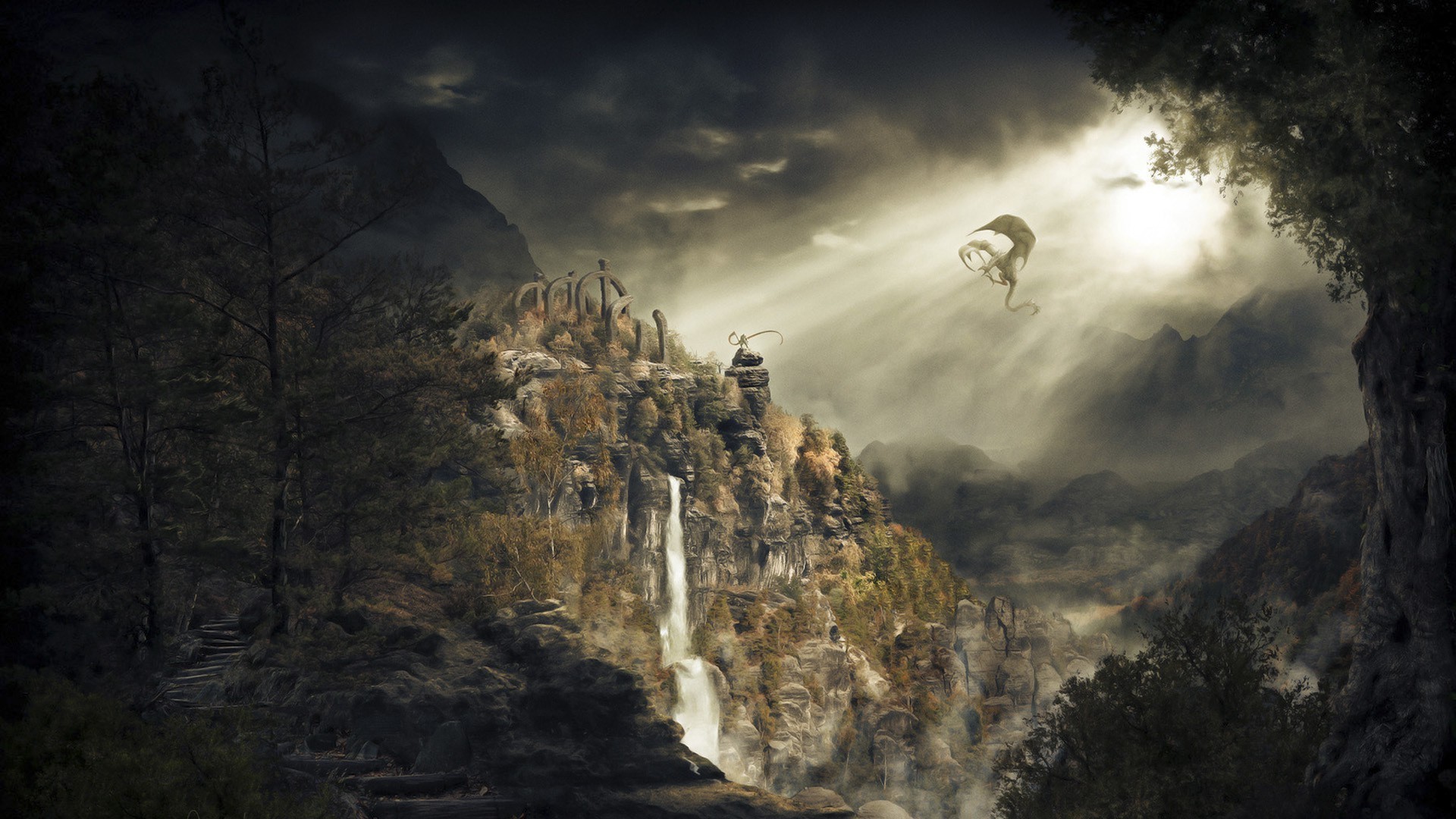 Dragon flying over a waterfall in Skyrim HD Wallpaper