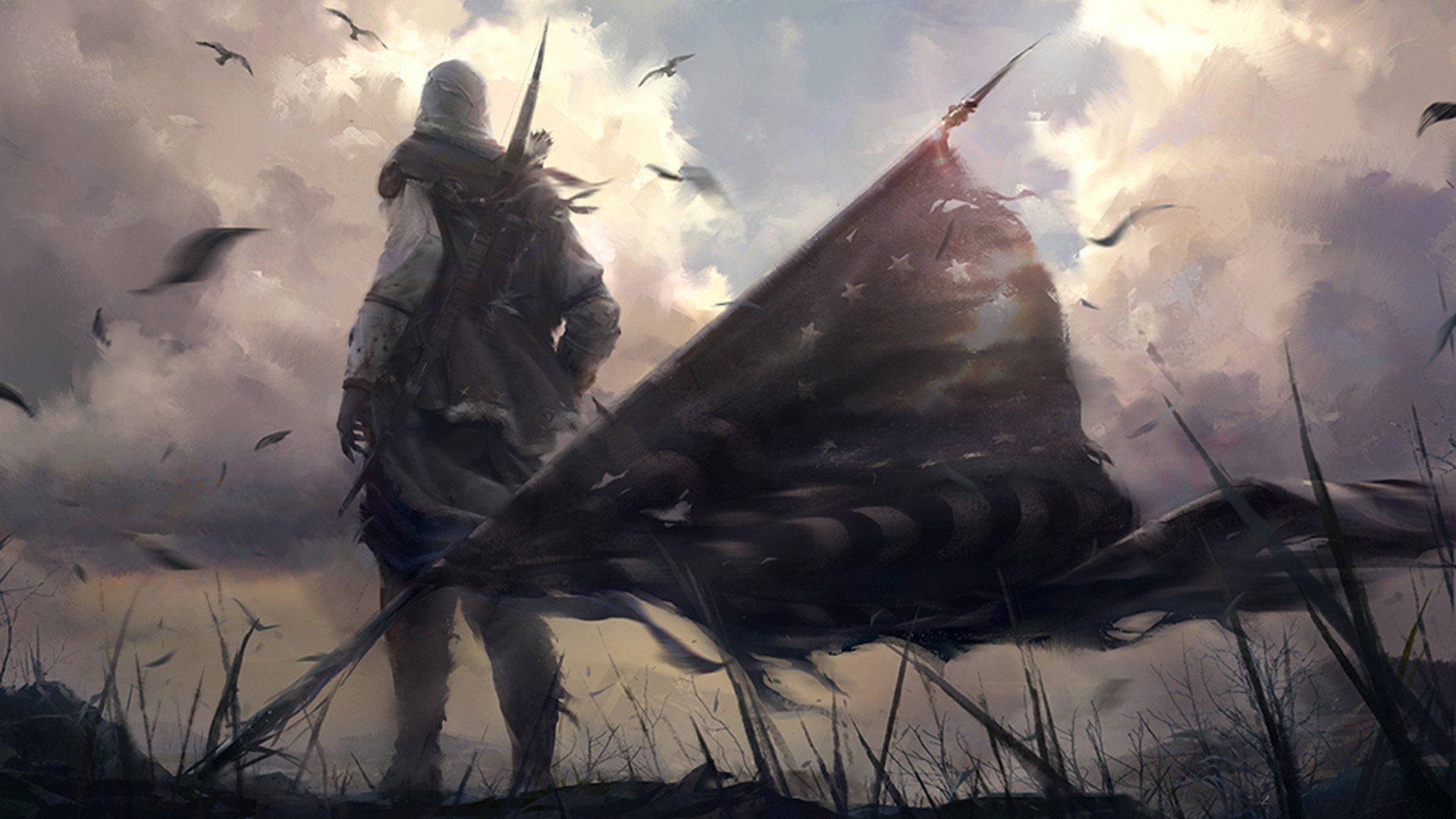 Assassin from Assassin's Creed with torn American flag HD Wallpaper