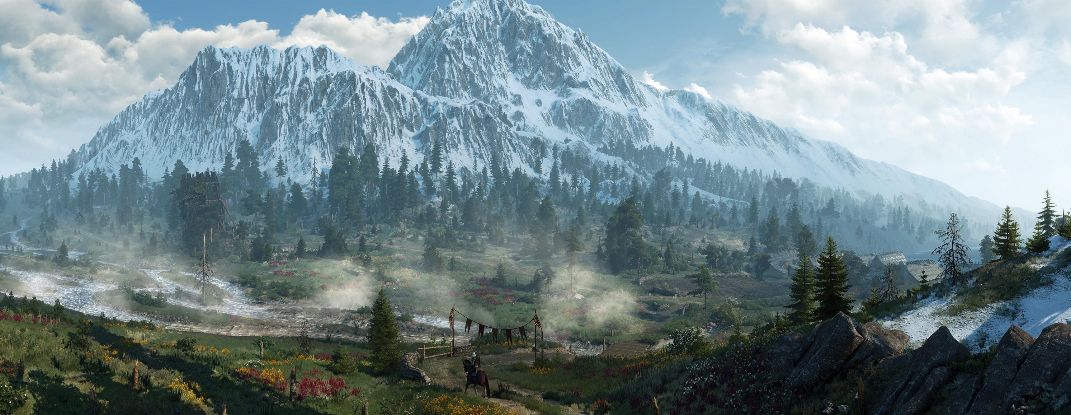 Geralt of Rivia in a mountain landscape from The Witcher 3 HD Wallpaper