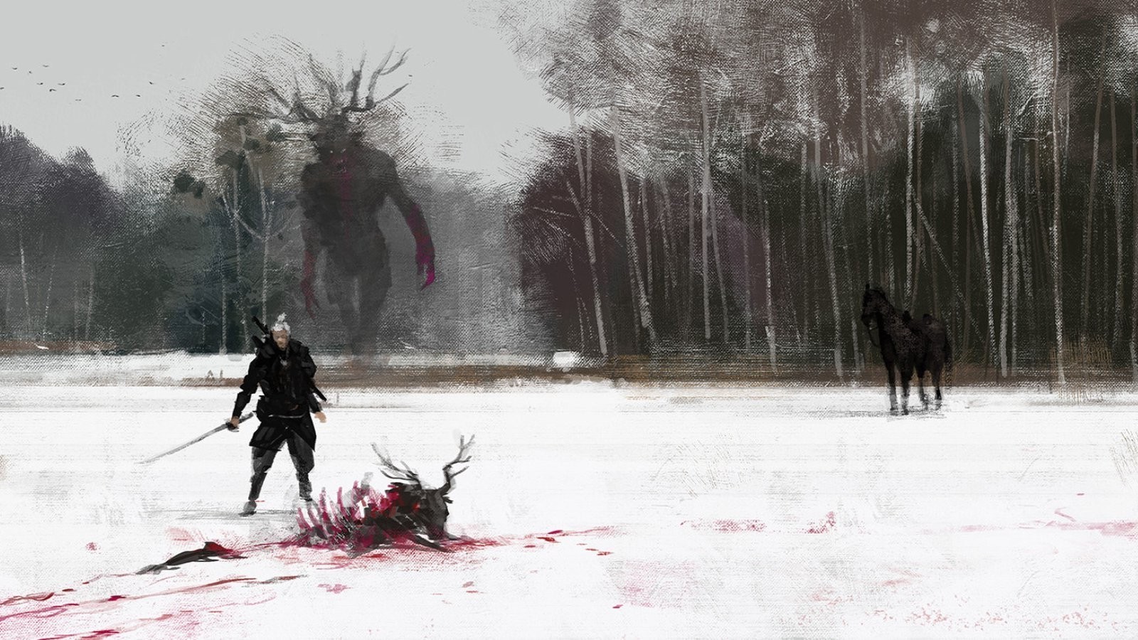 Geralt of Rivia from The Witcher 3: Wild Hunt in a snowy forest HD Wallpaper