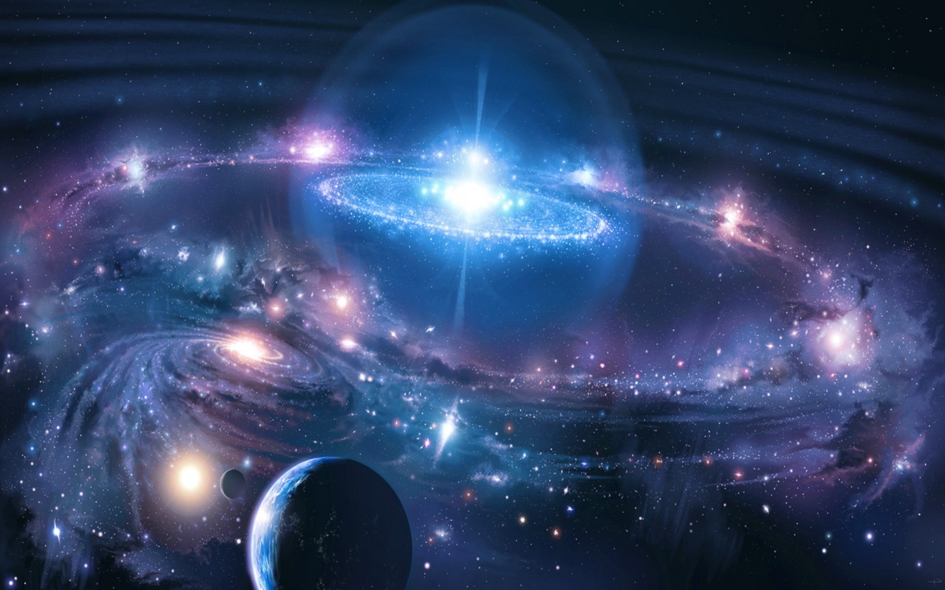 Galactic nebula with planets and stars HD Wallpaper