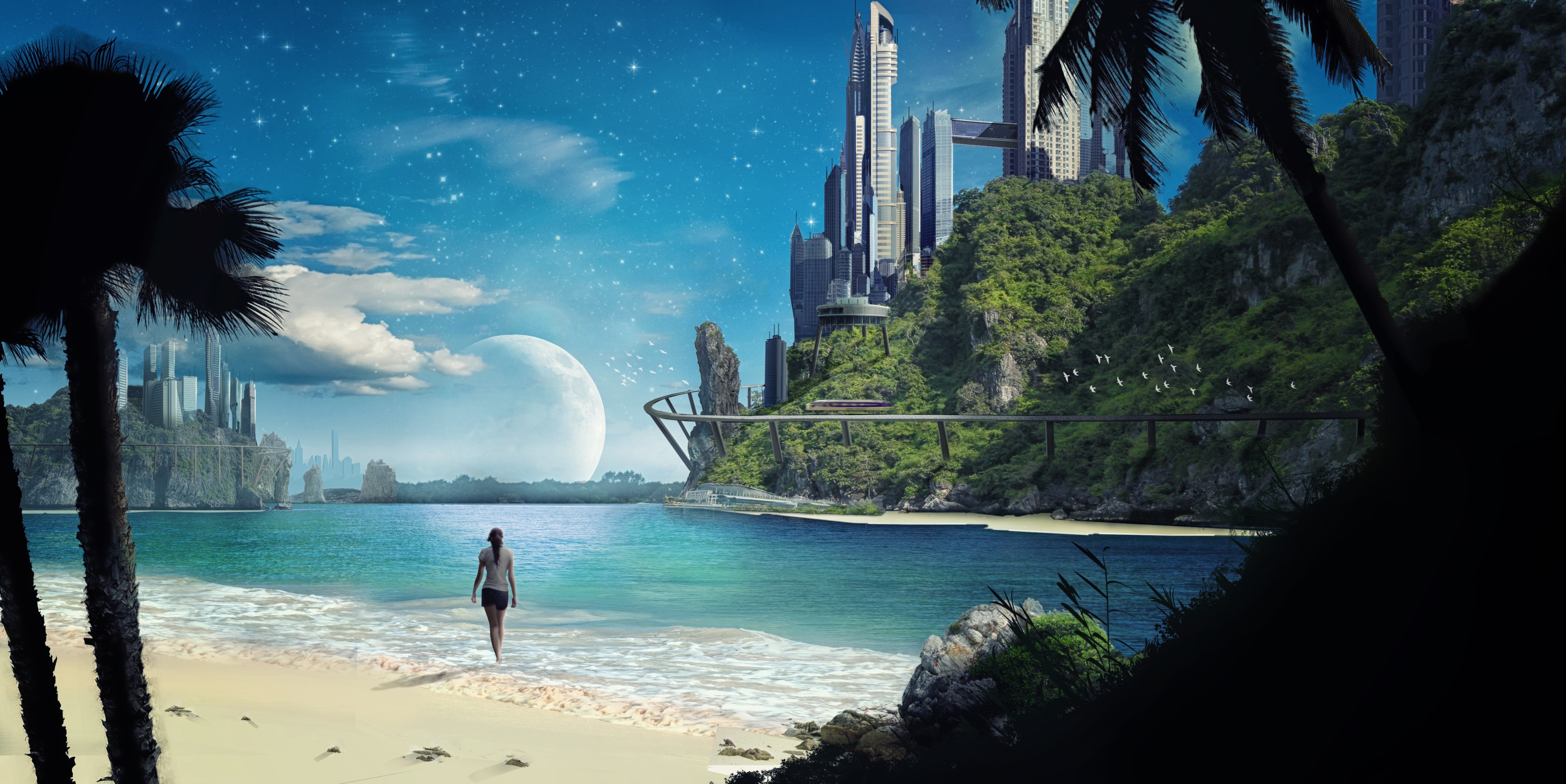 Futuristic city on a tropical island with a woman on the beach HD Wallpaper