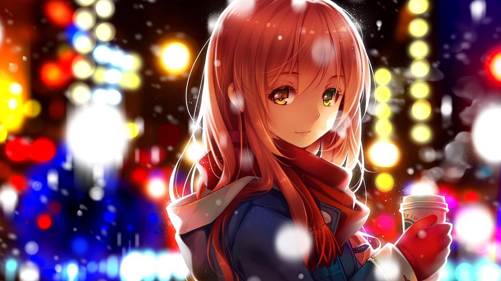 Anime girl with coffee cup in snowy city at night HD Wallpaper