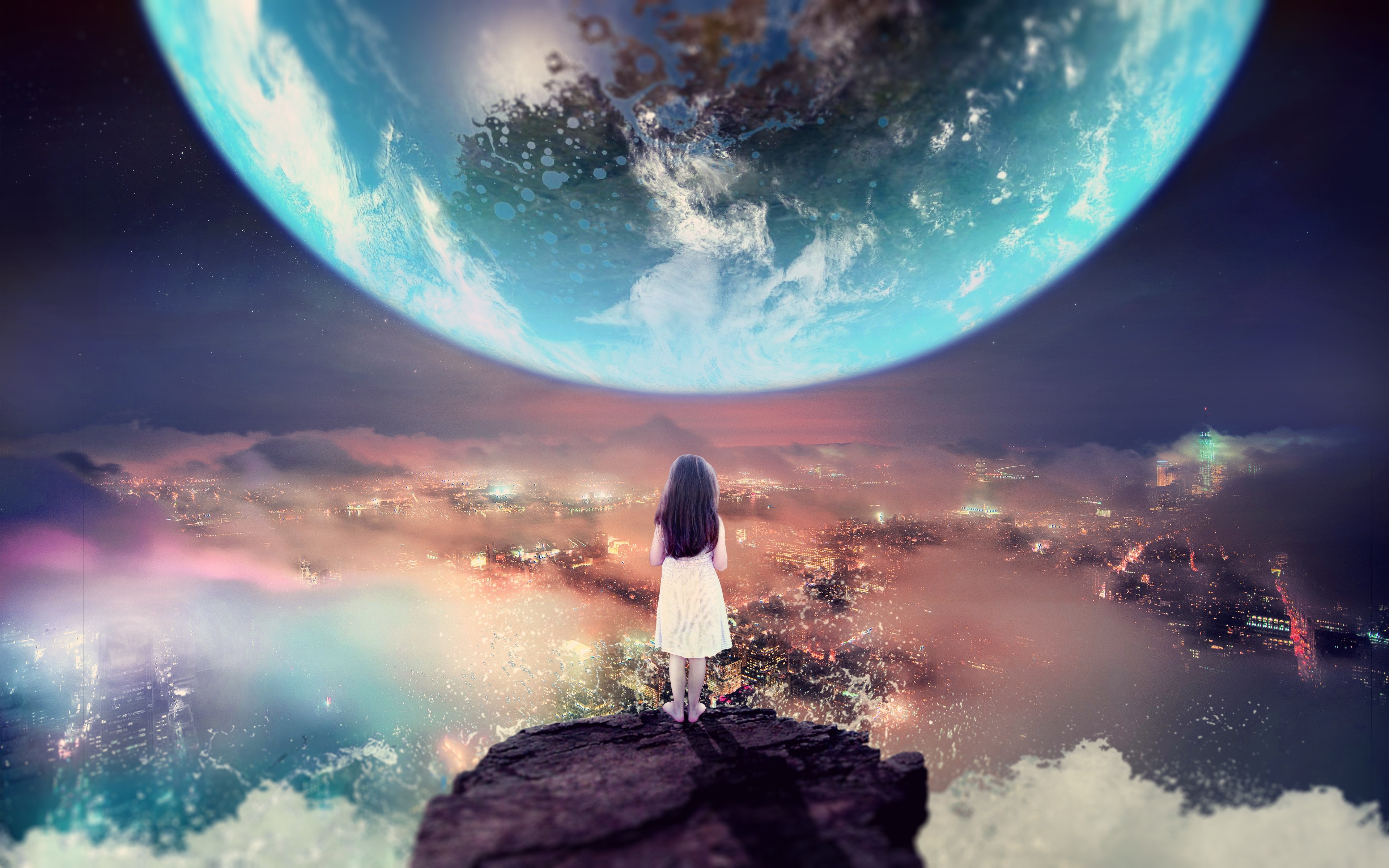 Girl on cliff overlooking city under a giant Earth HD Wallpaper