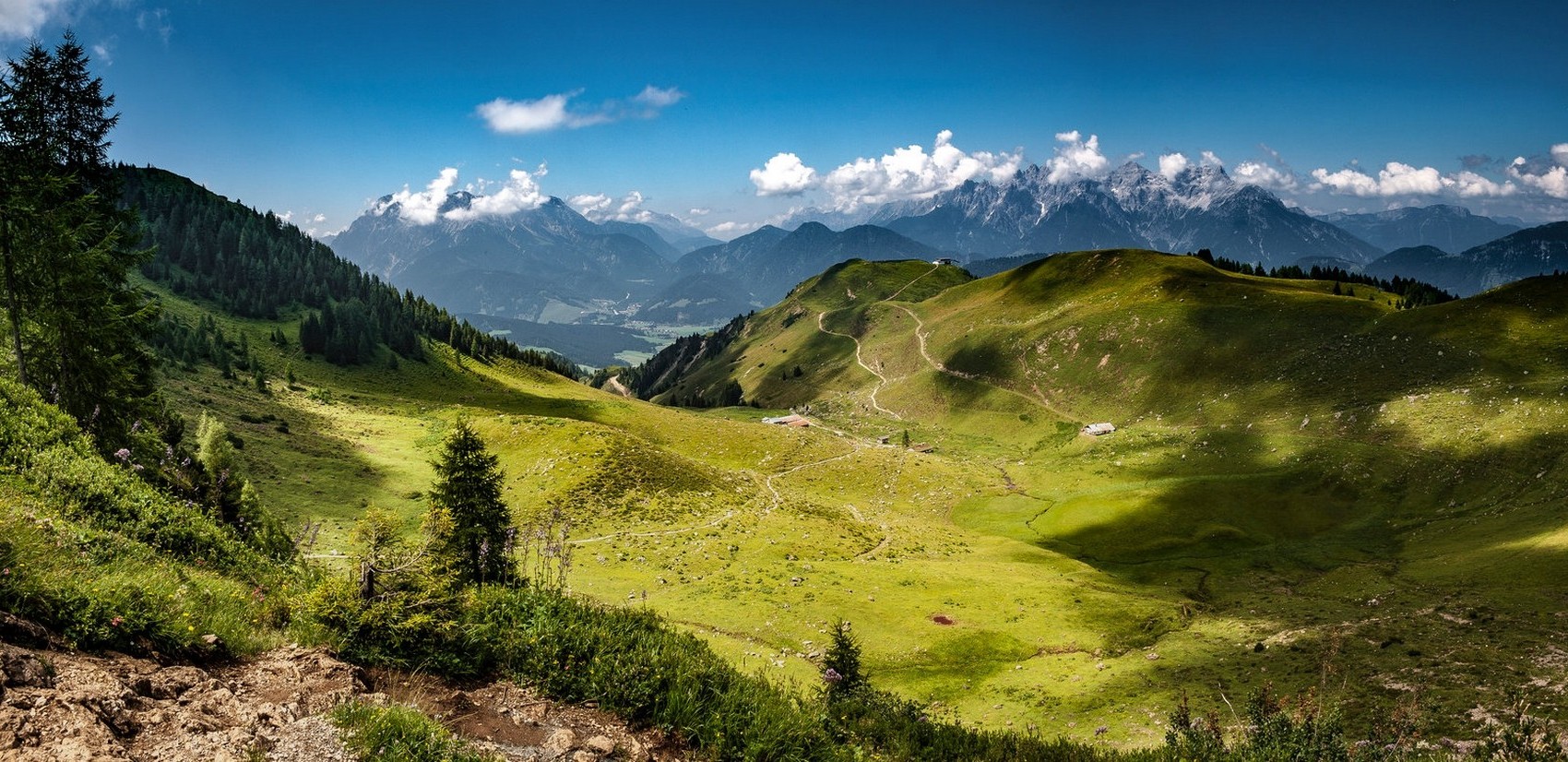 Green mountain landscape with hiking trails in the Alps HD Wallpaper