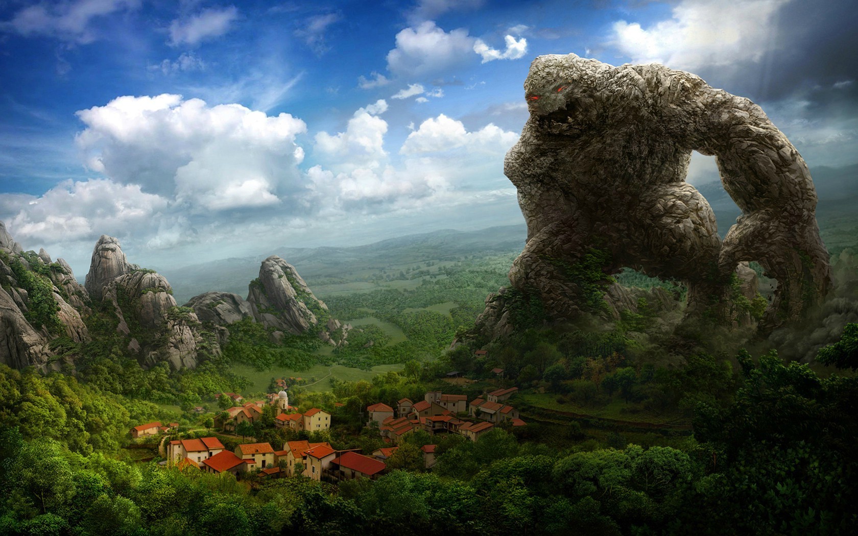 Giant Rock Creature Overlooking a Peaceful Village HD Wallpaper