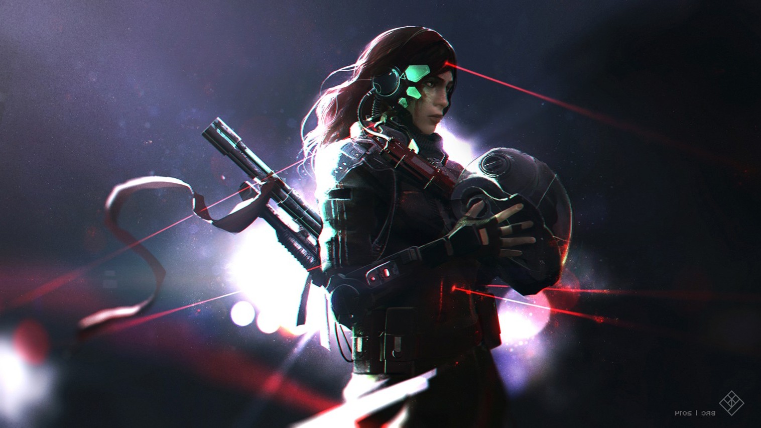 Futuristic warrior woman with rifle and helmet HD Wallpaper