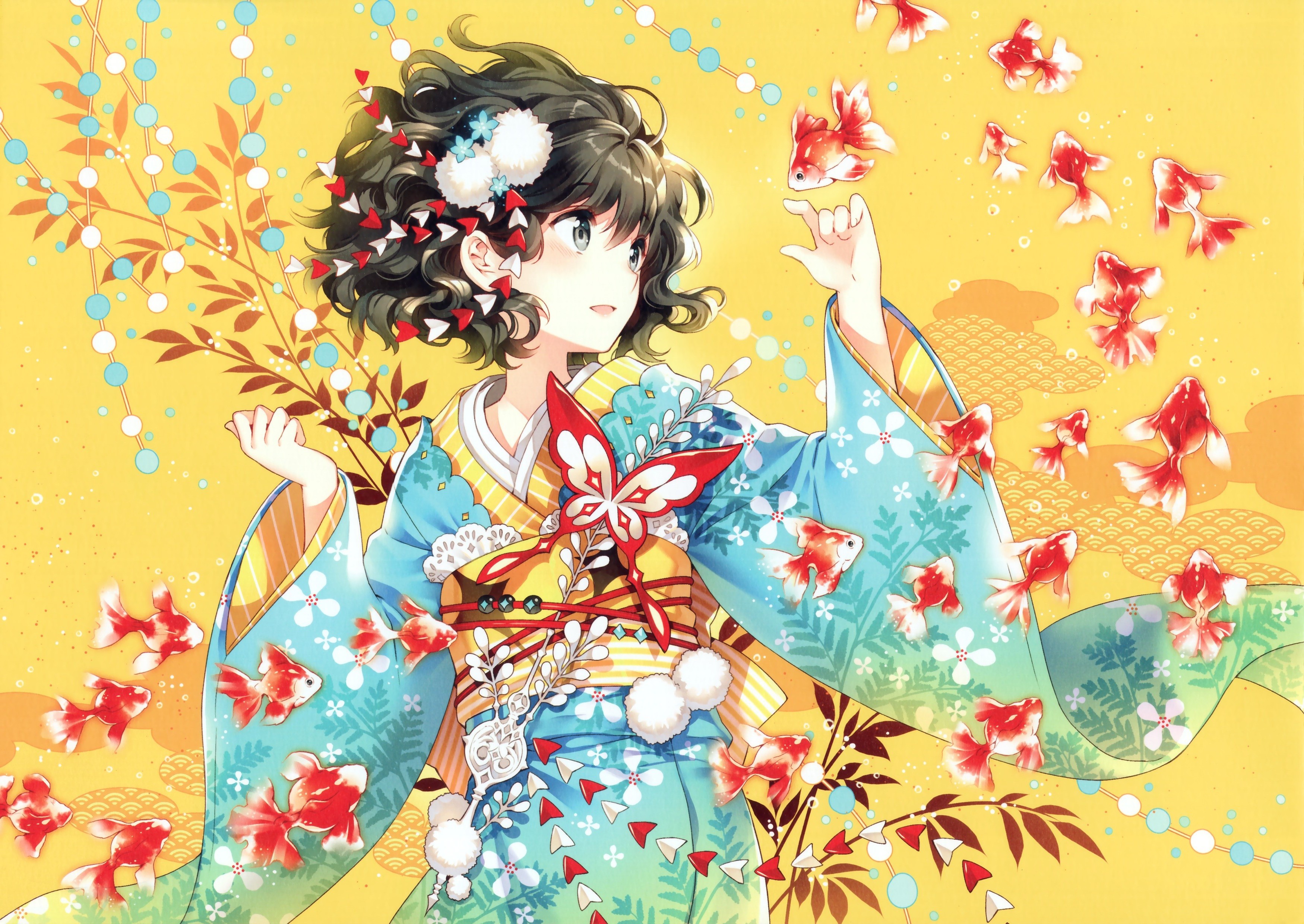 Anime girl in a blue kimono with goldfish HD Wallpaper