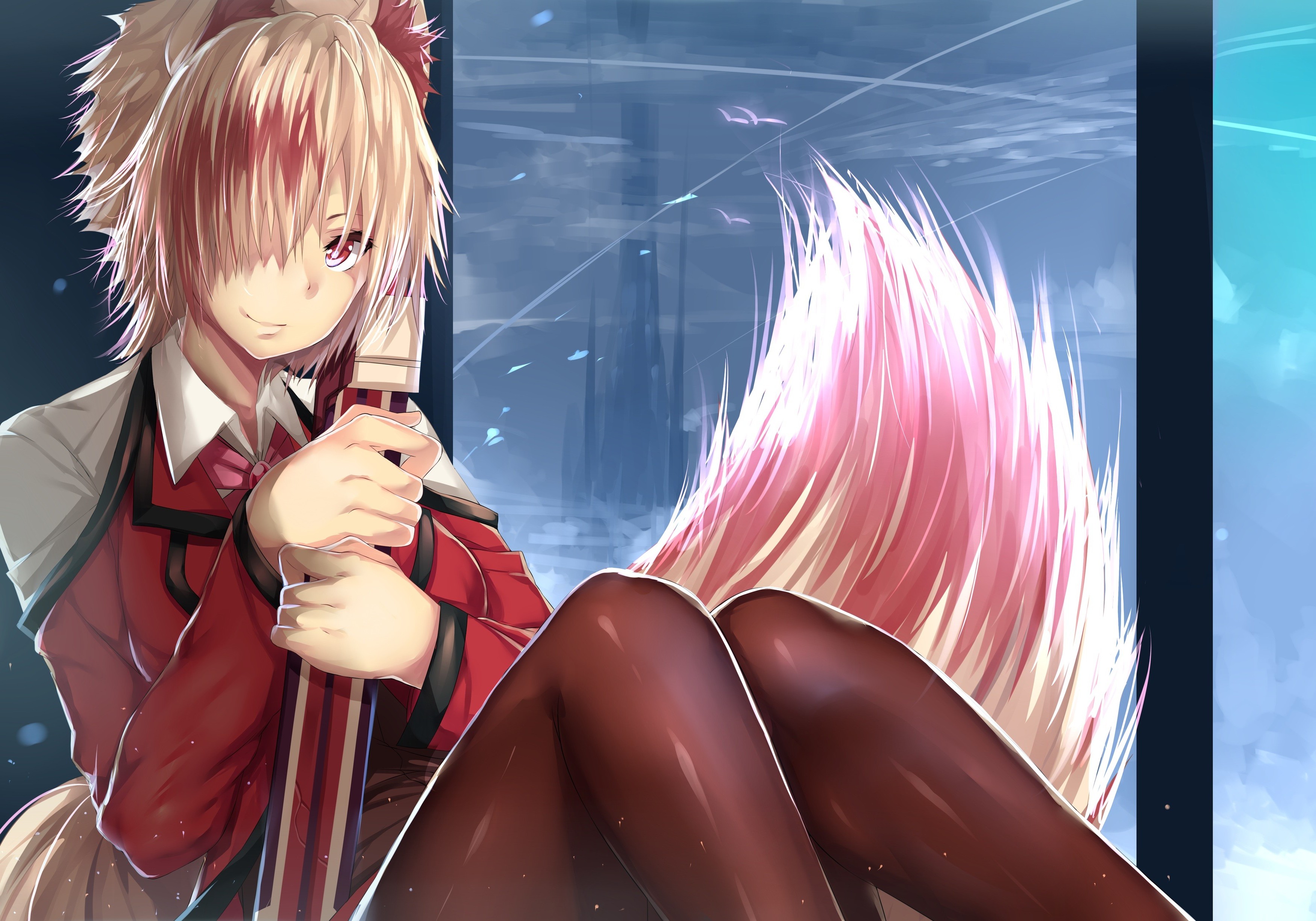 Anime girl with fox ears and tail holding a staff HD Wallpaper