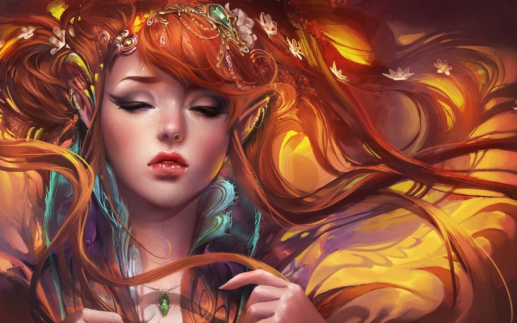 Fantasy art of a redhead elf woman HD Wallpaper