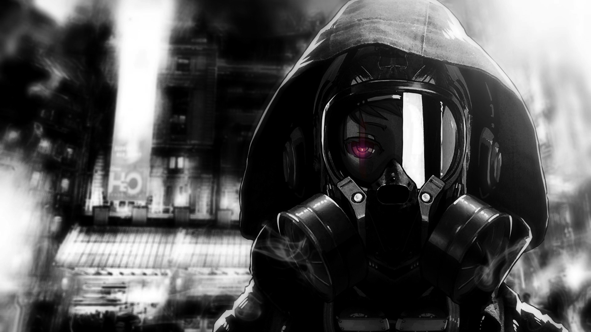 Anime character with gas mask and purple eye HD Wallpaper