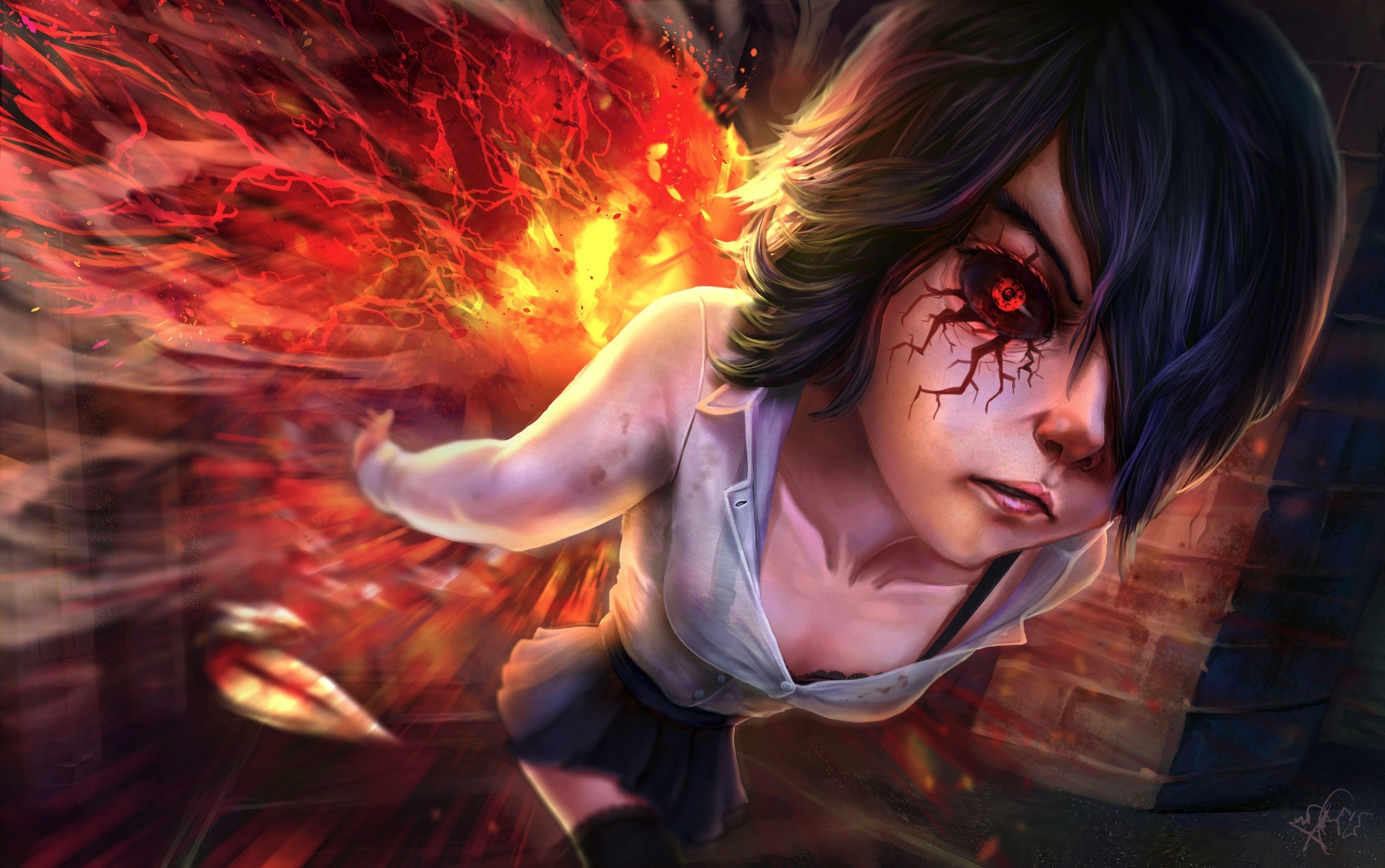 Touka Kirishima from Tokyo Ghoul with fiery wings HD Wallpaper