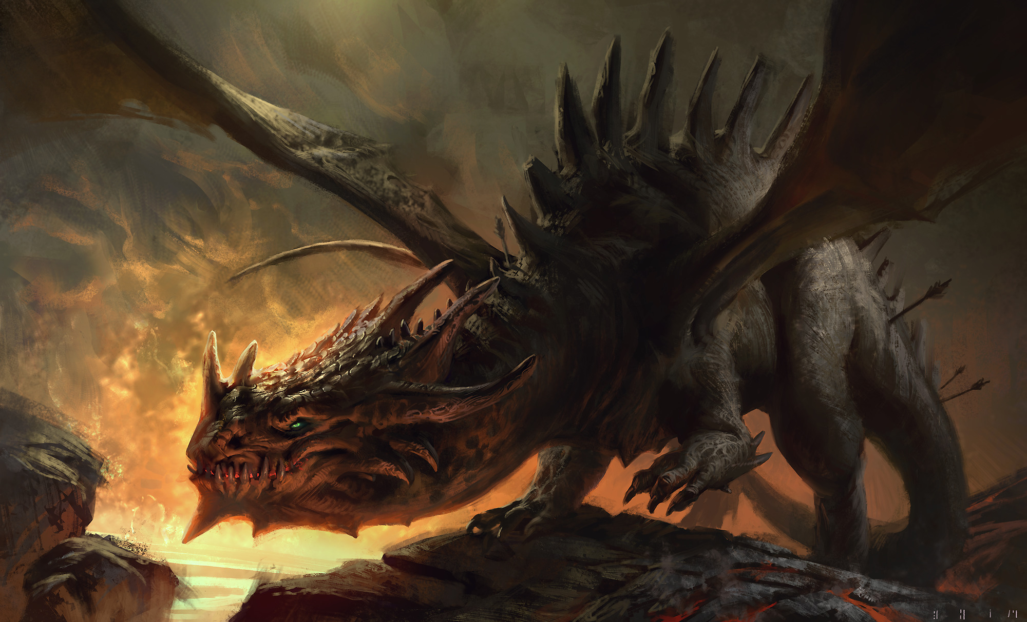 A wounded dragon in a fiery landscape HD Wallpaper