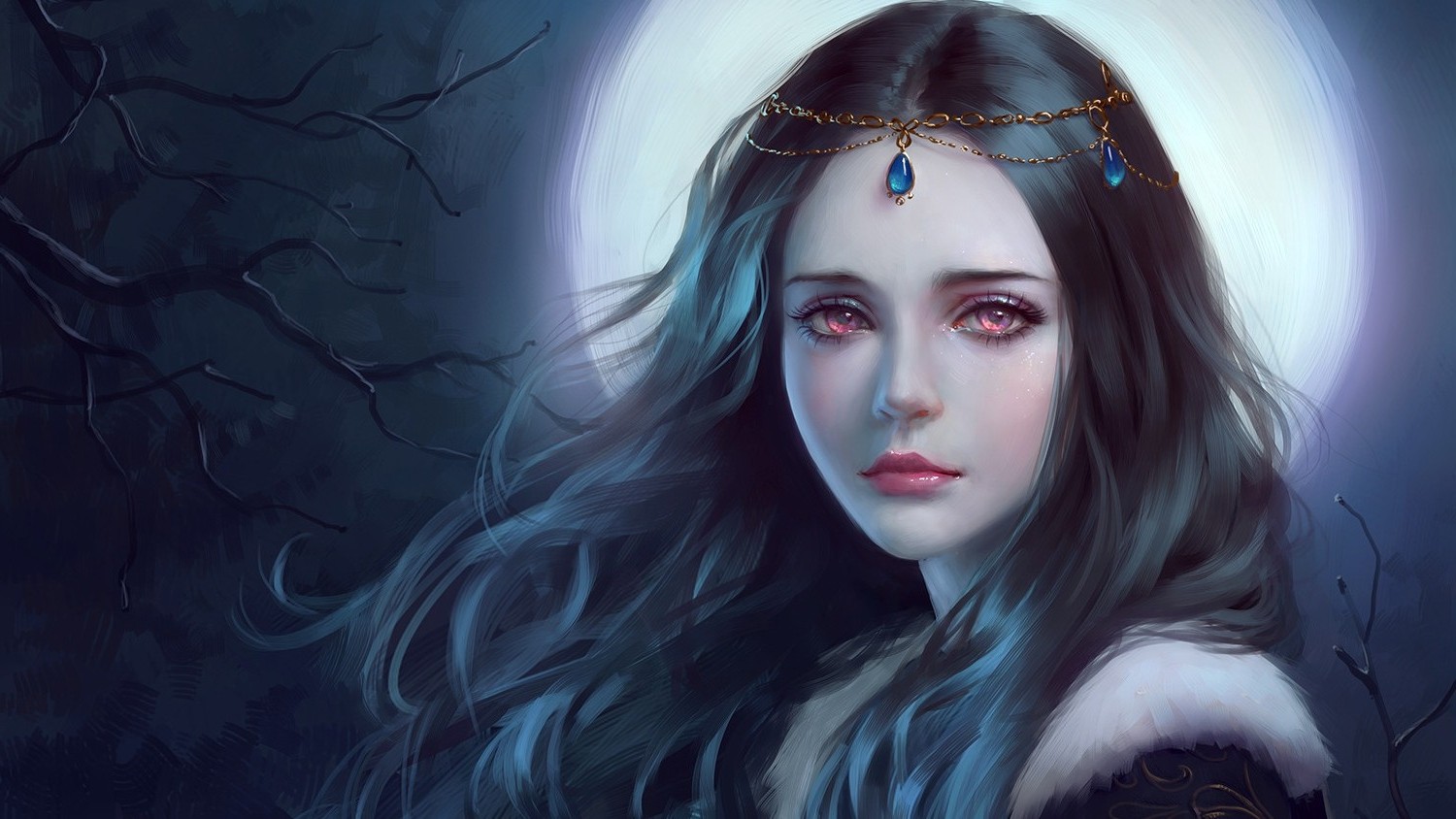 Fantasy art of a woman with red eyes and a tiara HD Wallpaper