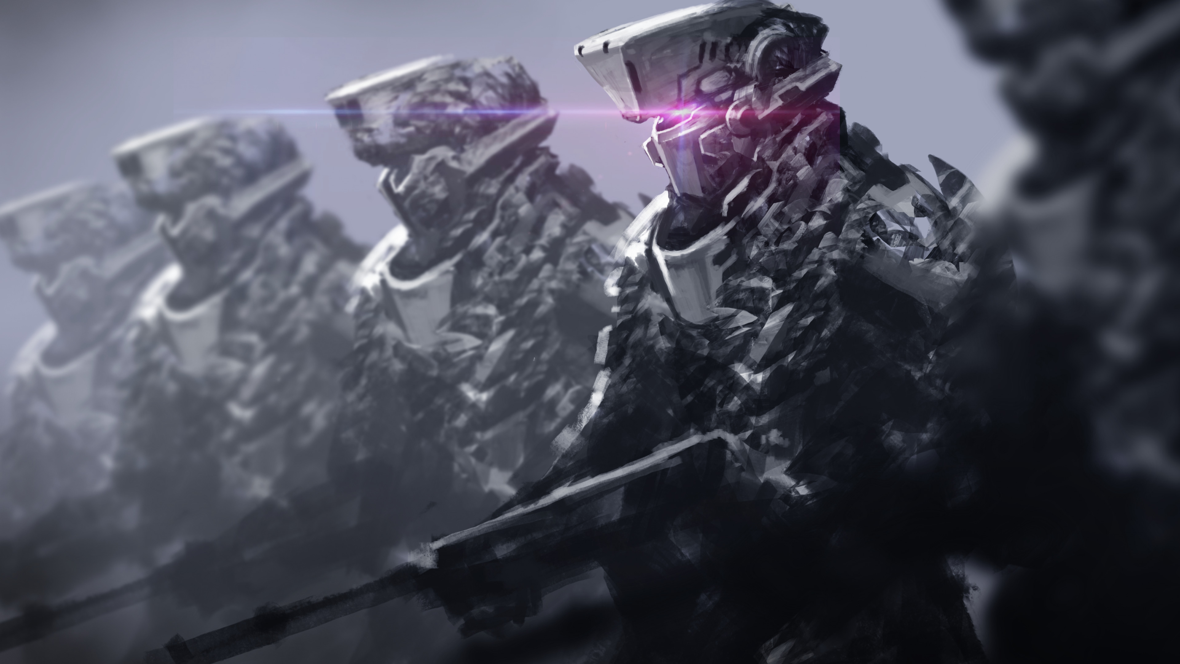 Futuristic soldiers with glowing eyes in formation HD Wallpaper