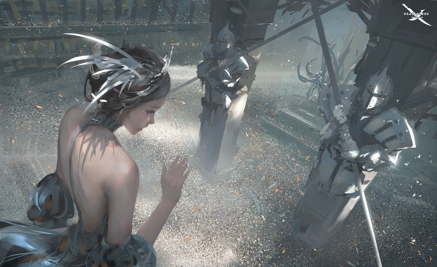Woman in crown near broken knight statues HD Wallpaper