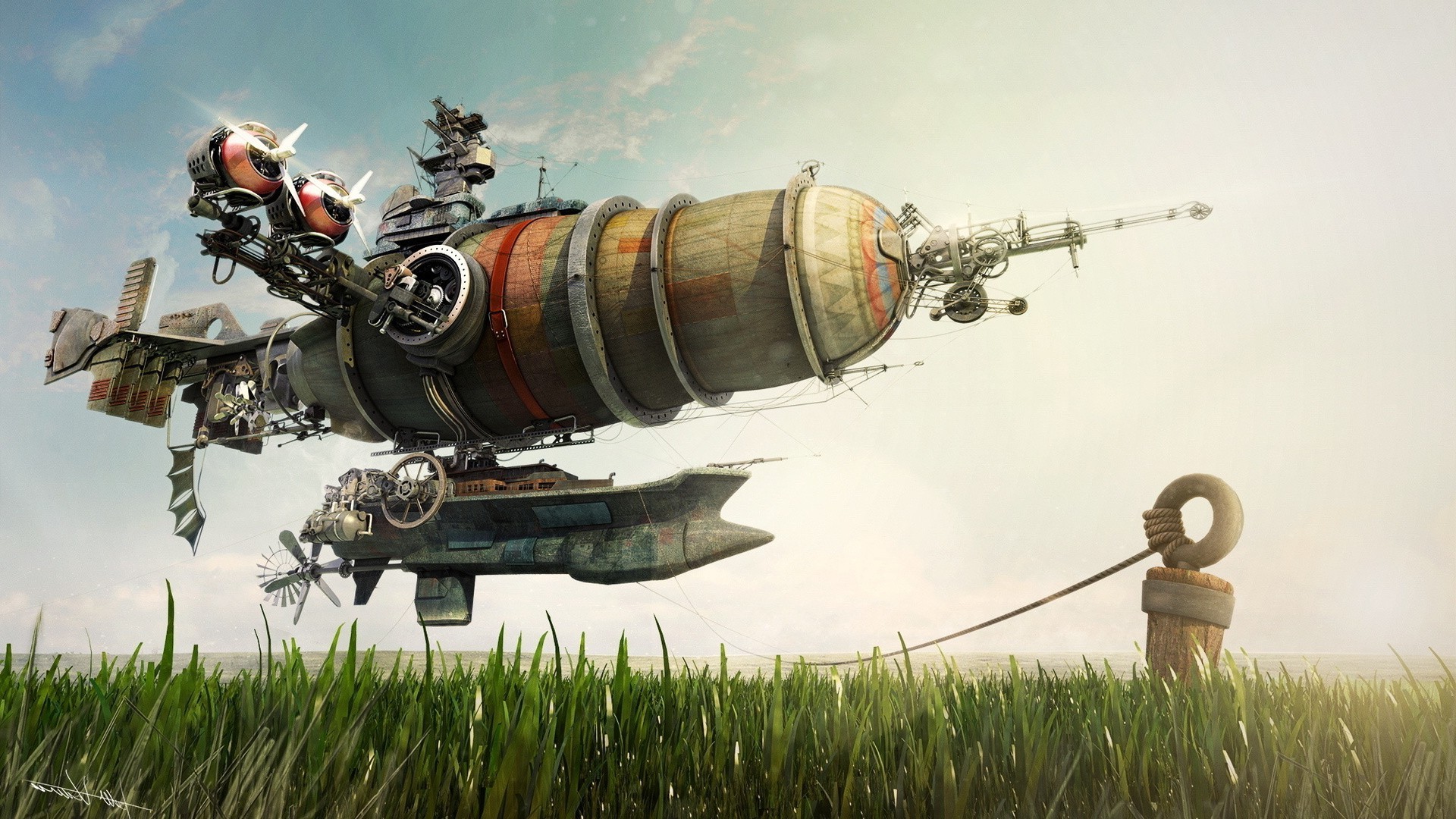Steampunk airship floating over a grassy field HD Wallpaper