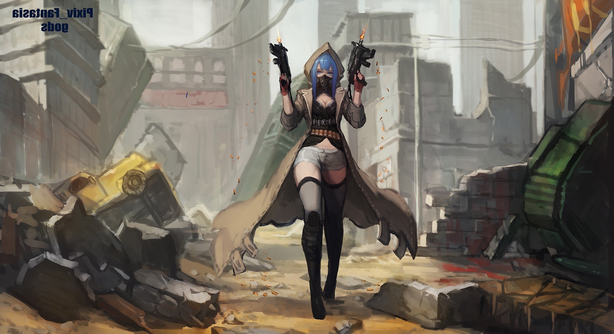 Anime girl with blue hair and guns in a ruined city HD Wallpaper