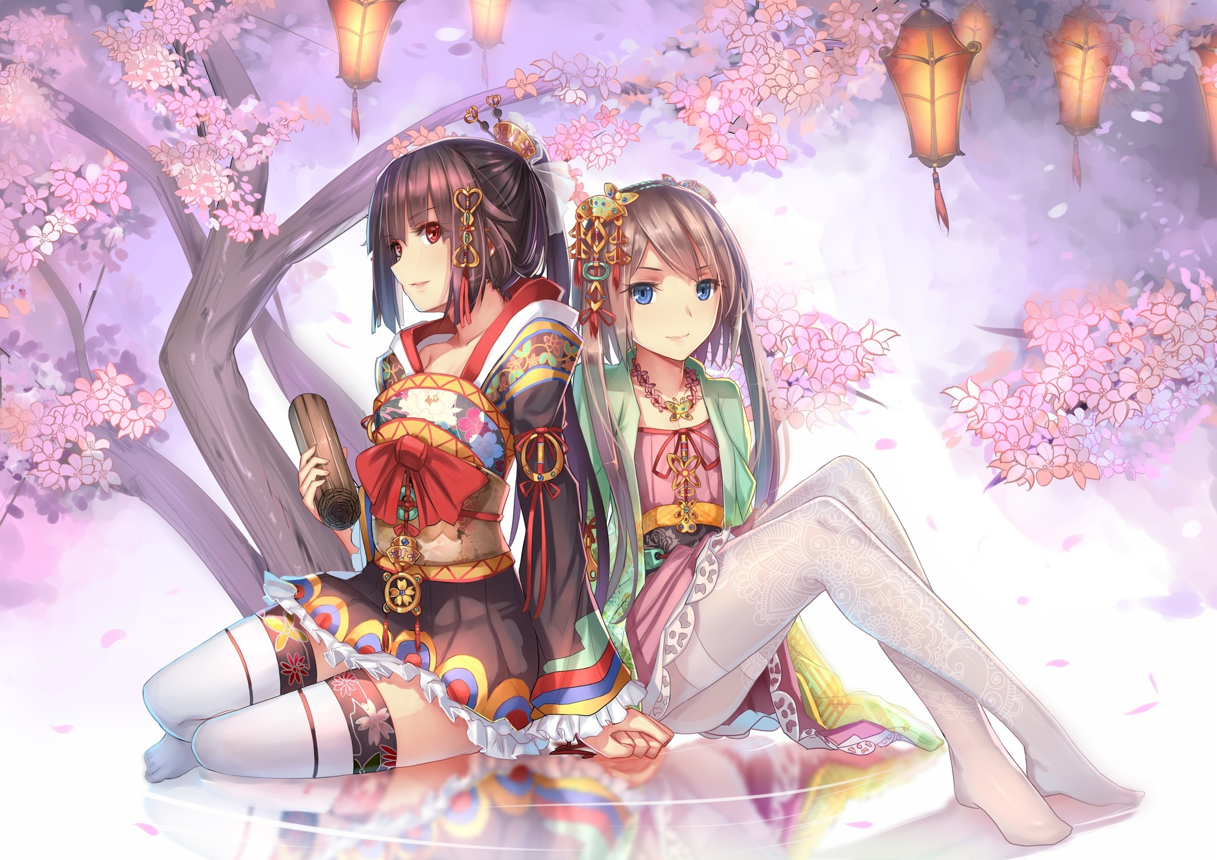 Two anime girls in Japanese clothes under cherry blossoms HD Wallpaper