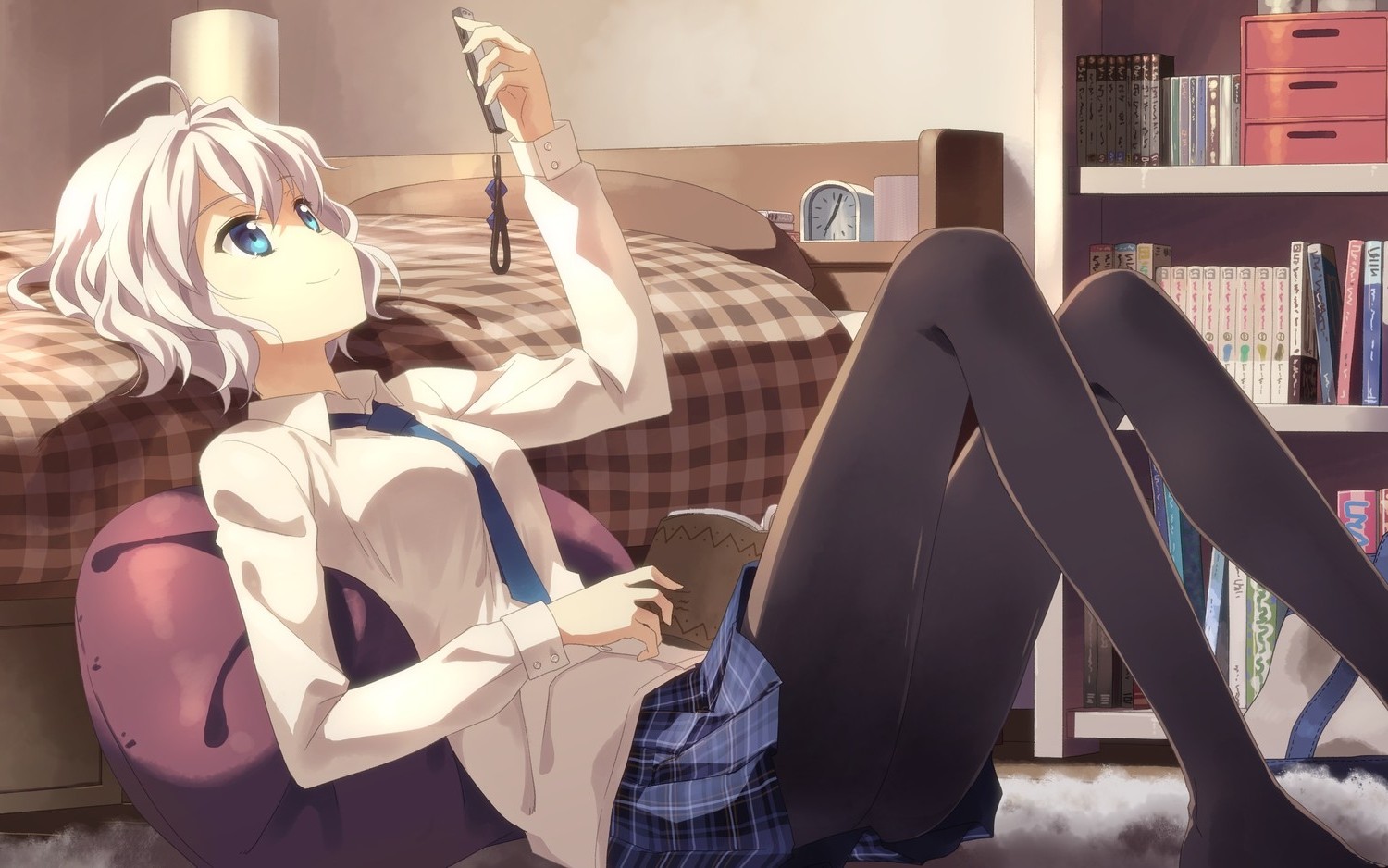Anime girl in school uniform holding a phone HD Wallpaper
