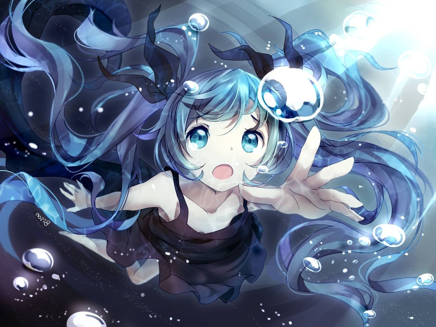 Hatsune Miku underwater with bubbles HD Wallpaper