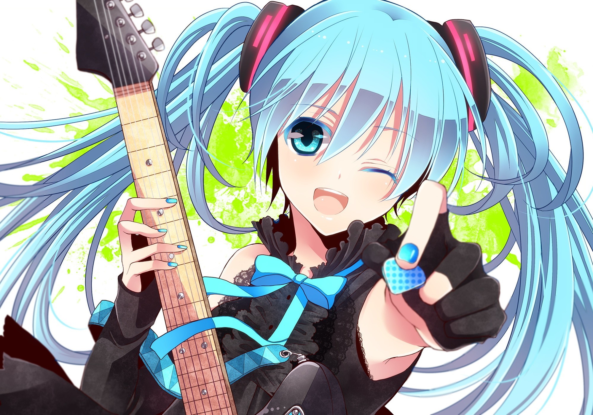 Hatsune Miku from Vocaloid with Guitar HD Wallpaper