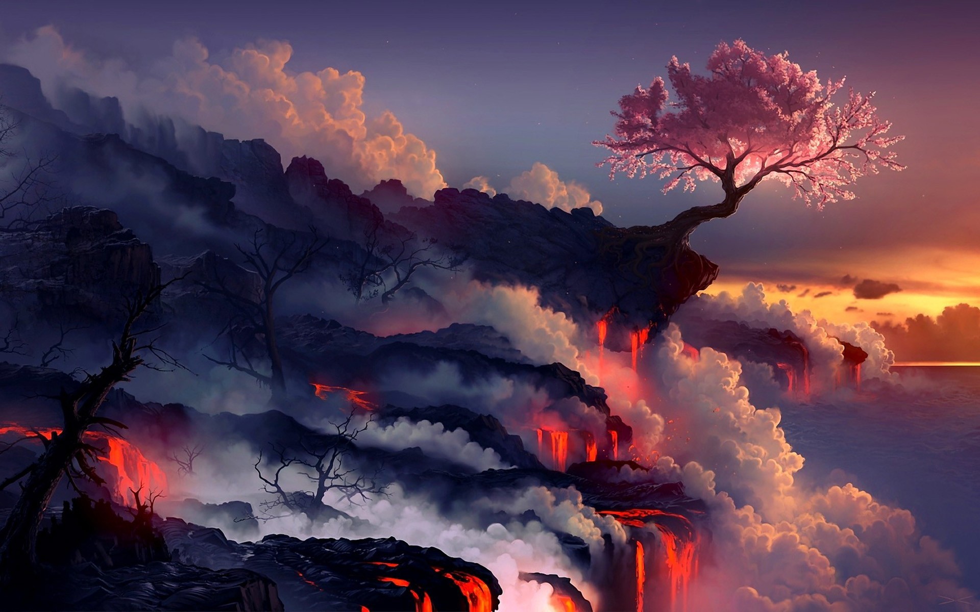 Digital art of a cherry blossom tree on a cliff with lava HD Wallpaper