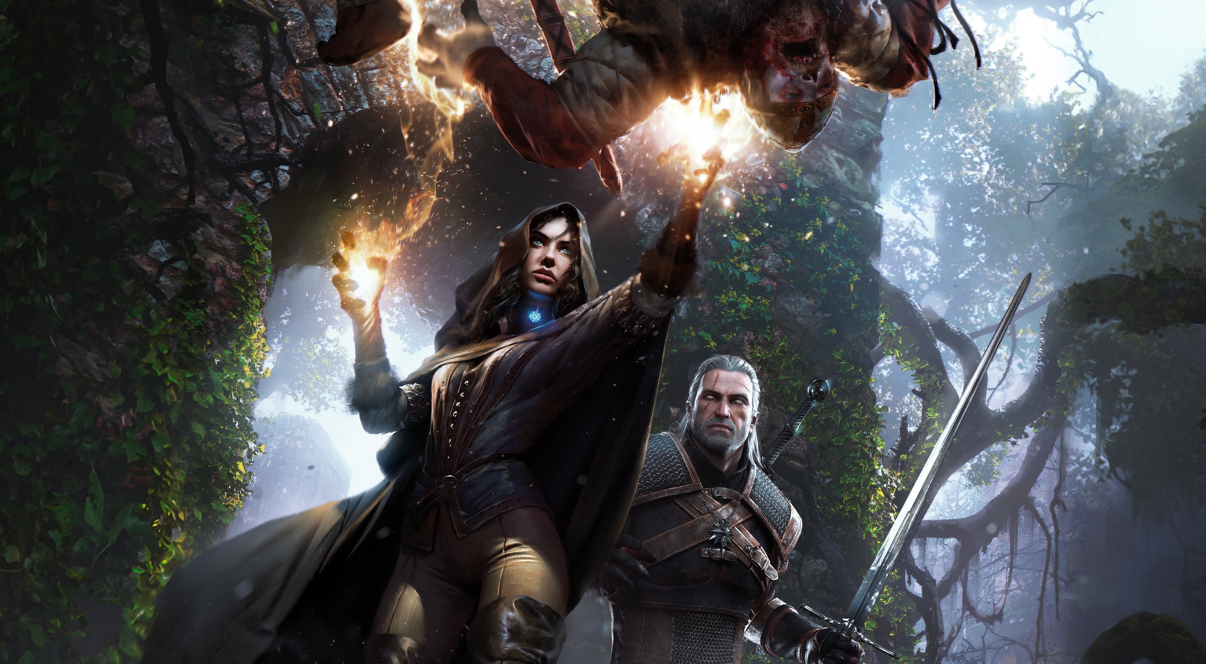 Geralt and Yennefer fighting a monster in The Witcher 3 HD Wallpaper