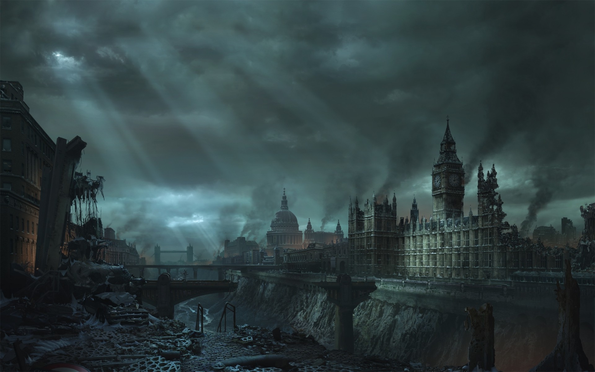 Abandoned London Cityscape with Clock Tower and Sun Rays HD Wallpaper