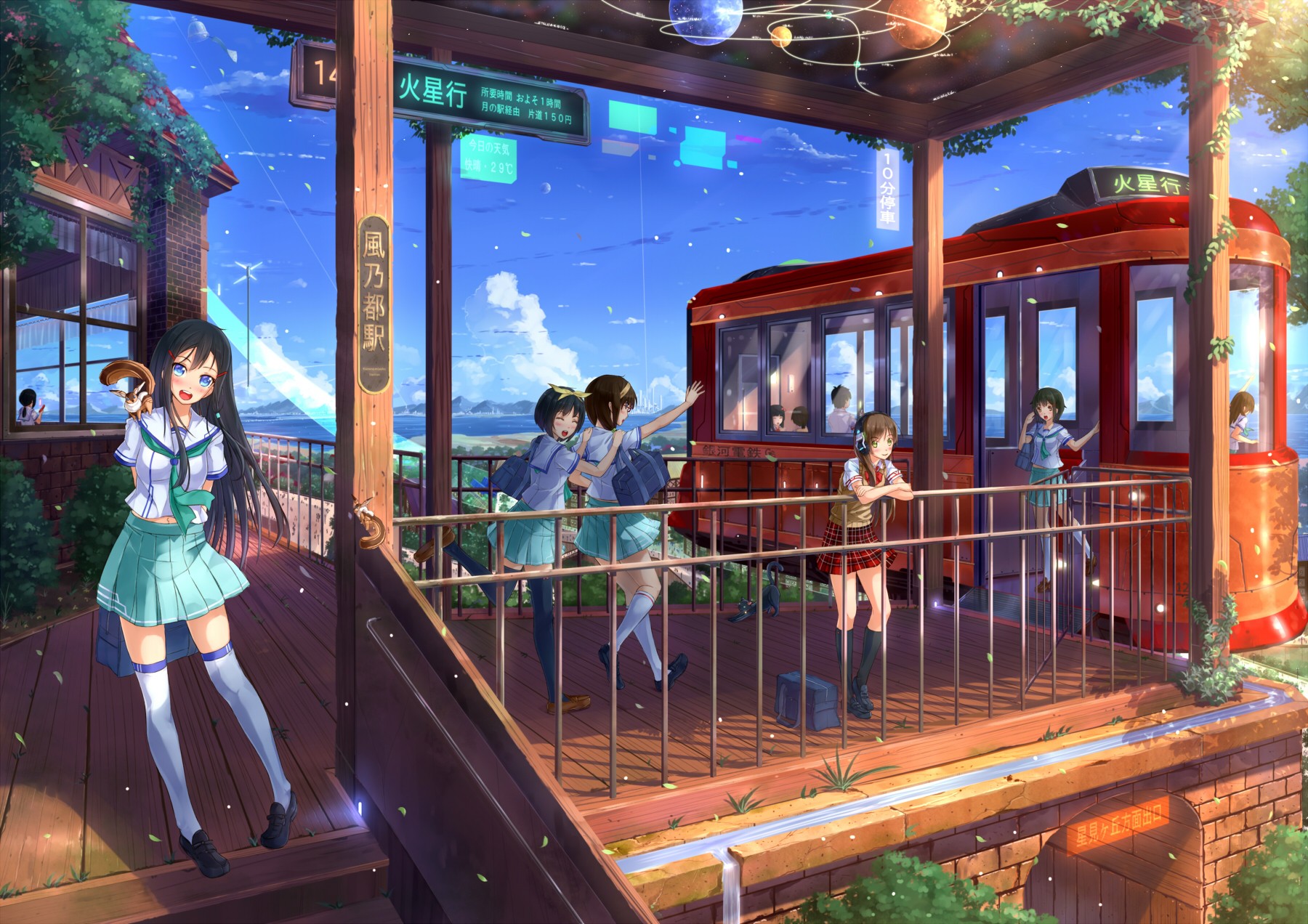 Anime girls at a train station with a red train HD Wallpaper