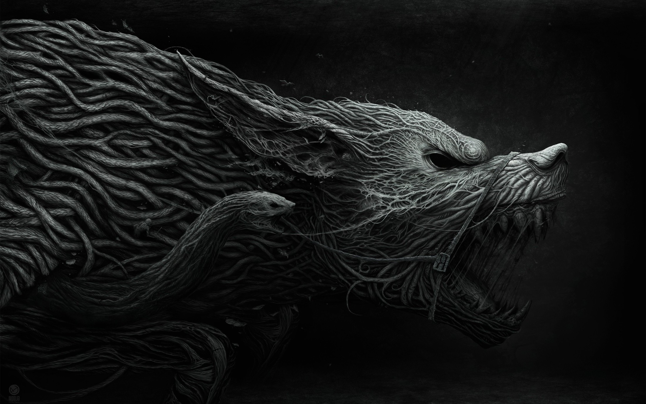 Creature made of roots resembling a wolf and a snake HD Wallpaper