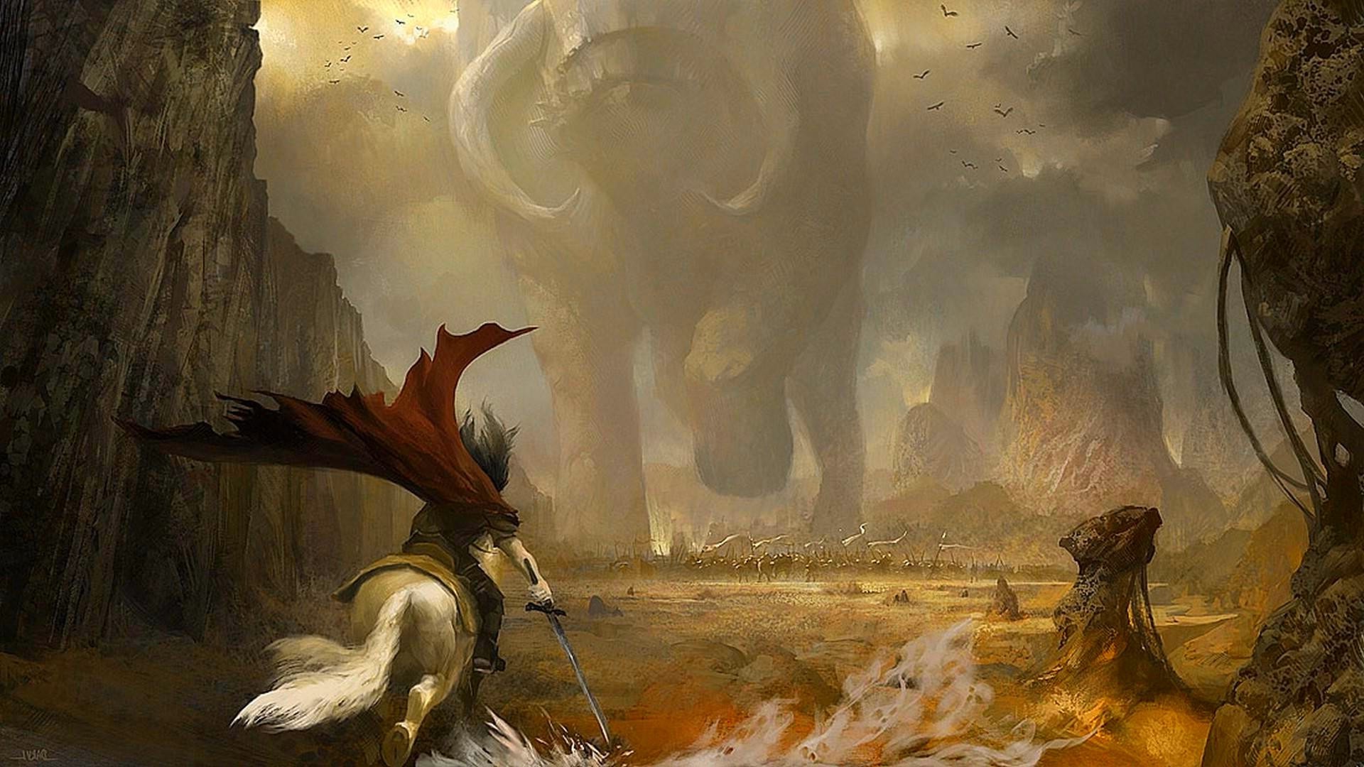 Fantasy warrior on horseback facing a giant HD Wallpaper