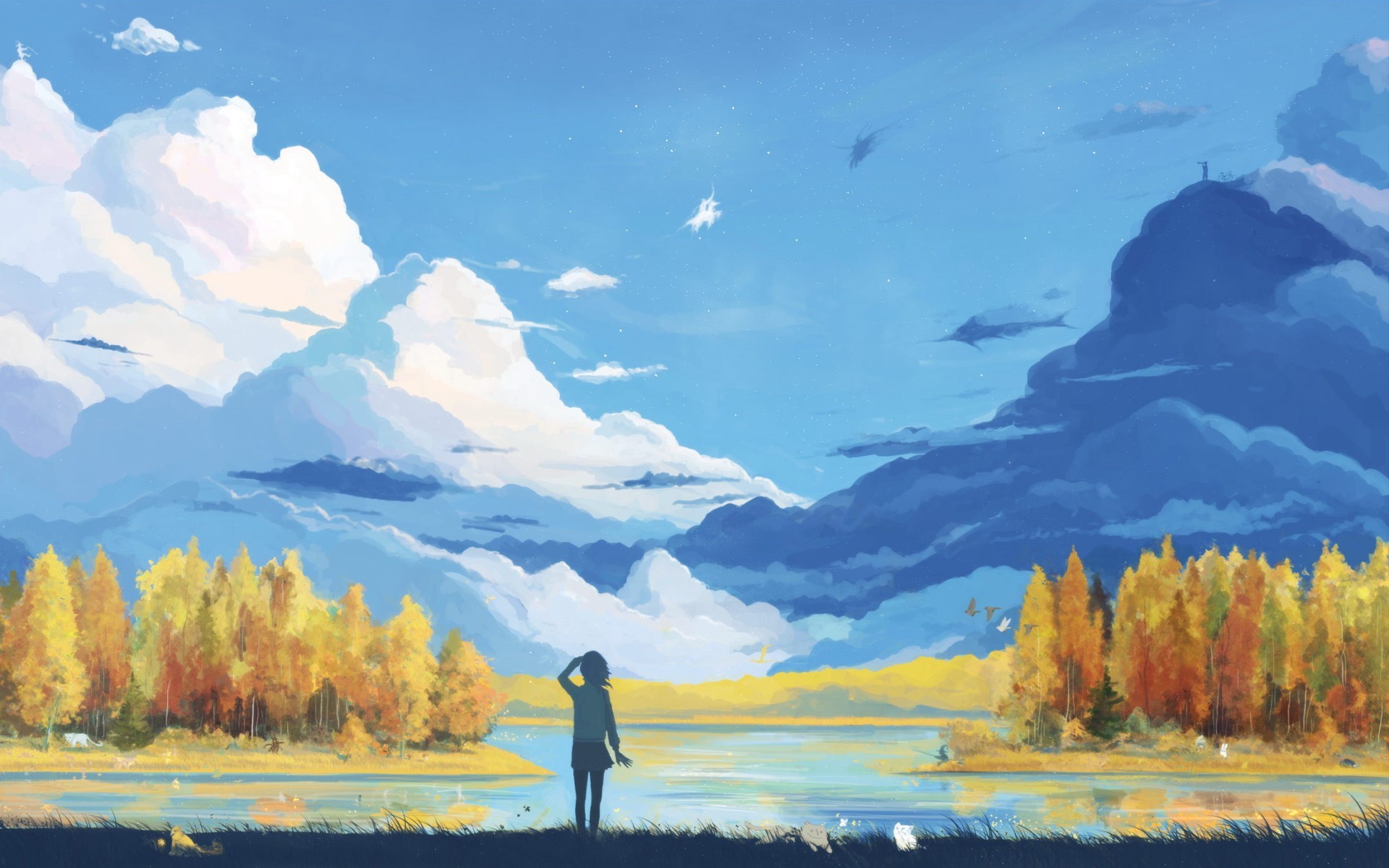 Anime landscape with a girl looking at the sky and clouds HD Wallpaper