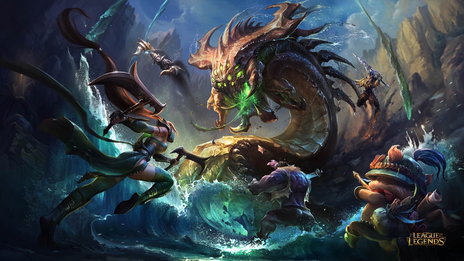 League of Legends characters fighting a large sea creature HD Wallpaper