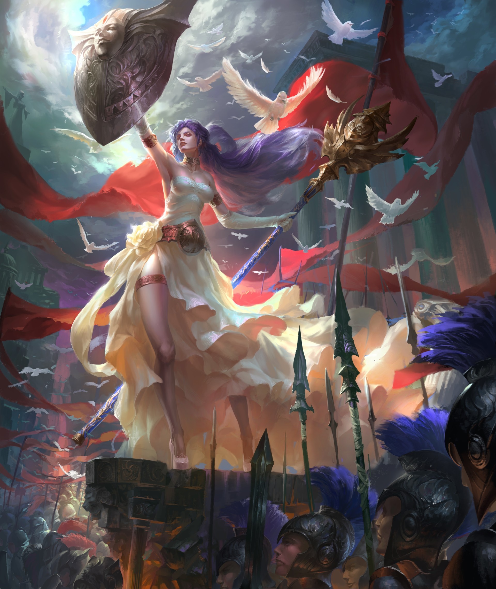 Fantasy warrior woman with shield and spear, doves flying HD Wallpaper
