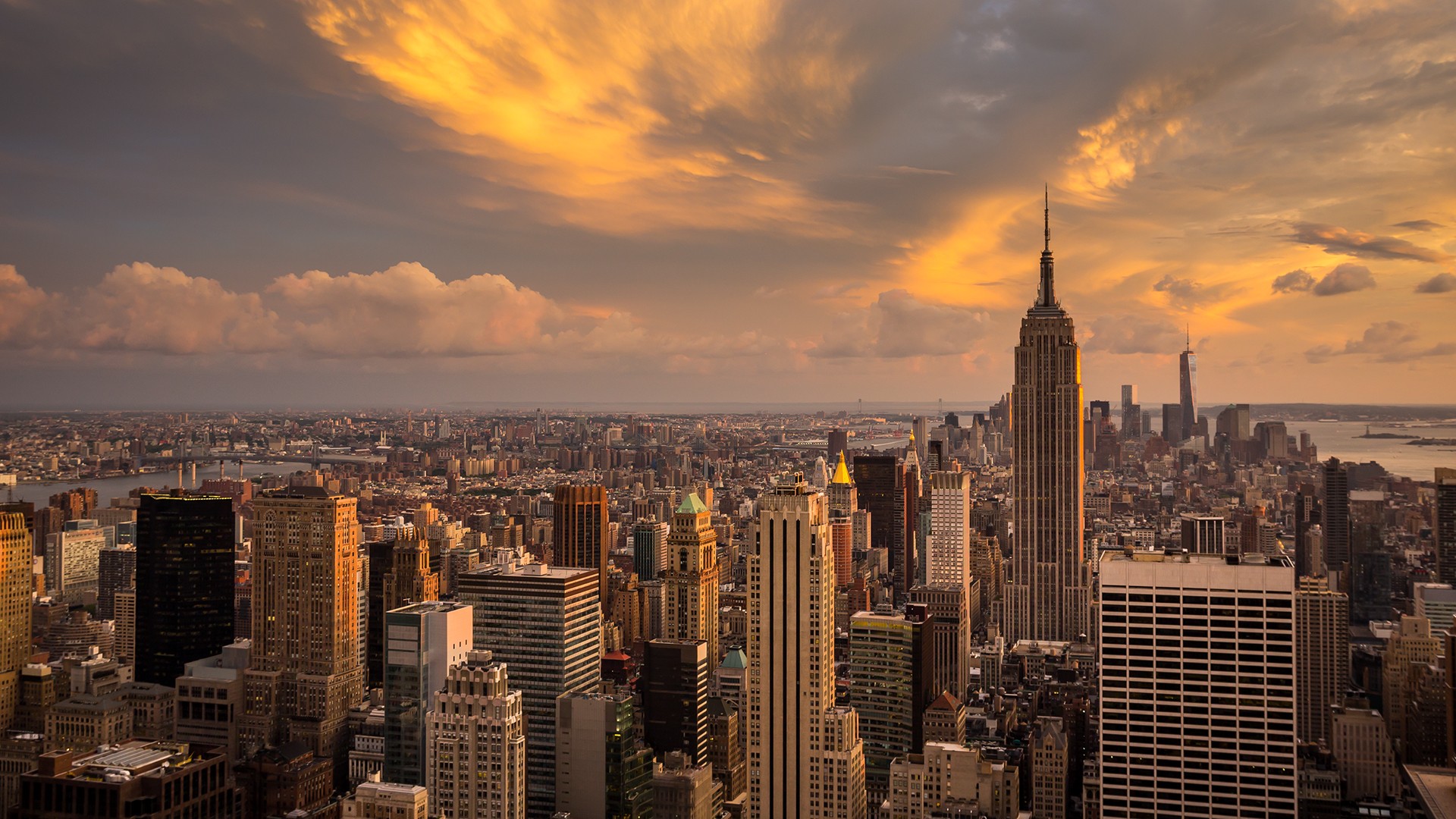 New York City Skyline with Empire State Building at Sunset HD Wallpaper
