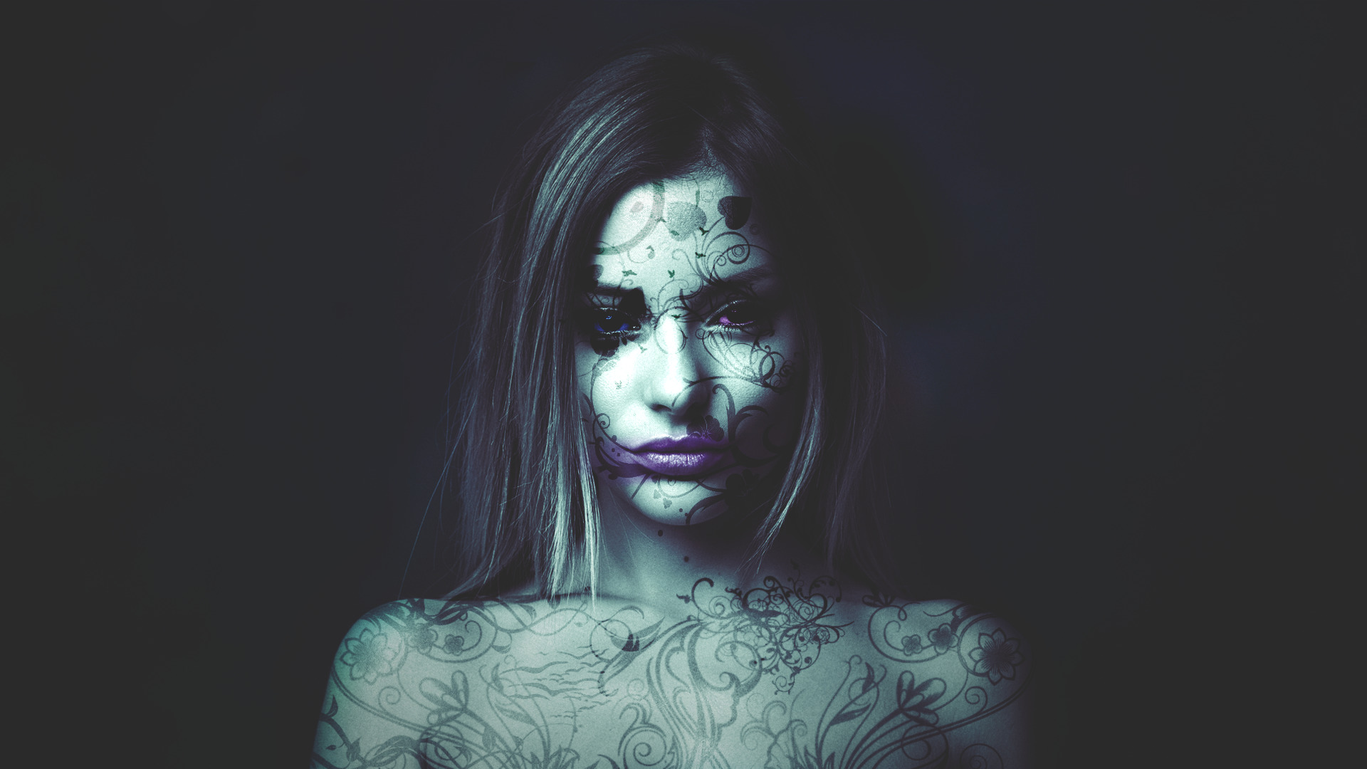 Woman with abstract tattoos and purple lips HD Wallpaper